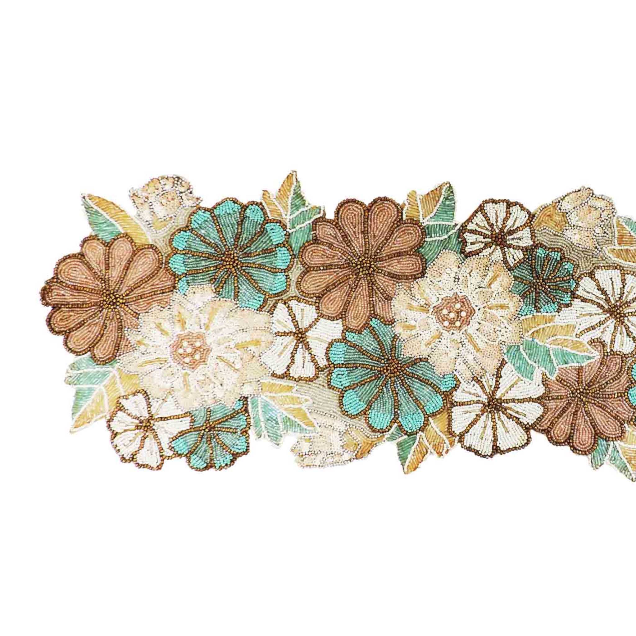 Autumn Blooms Bead Embroidered Table Runner in Teal & Grey