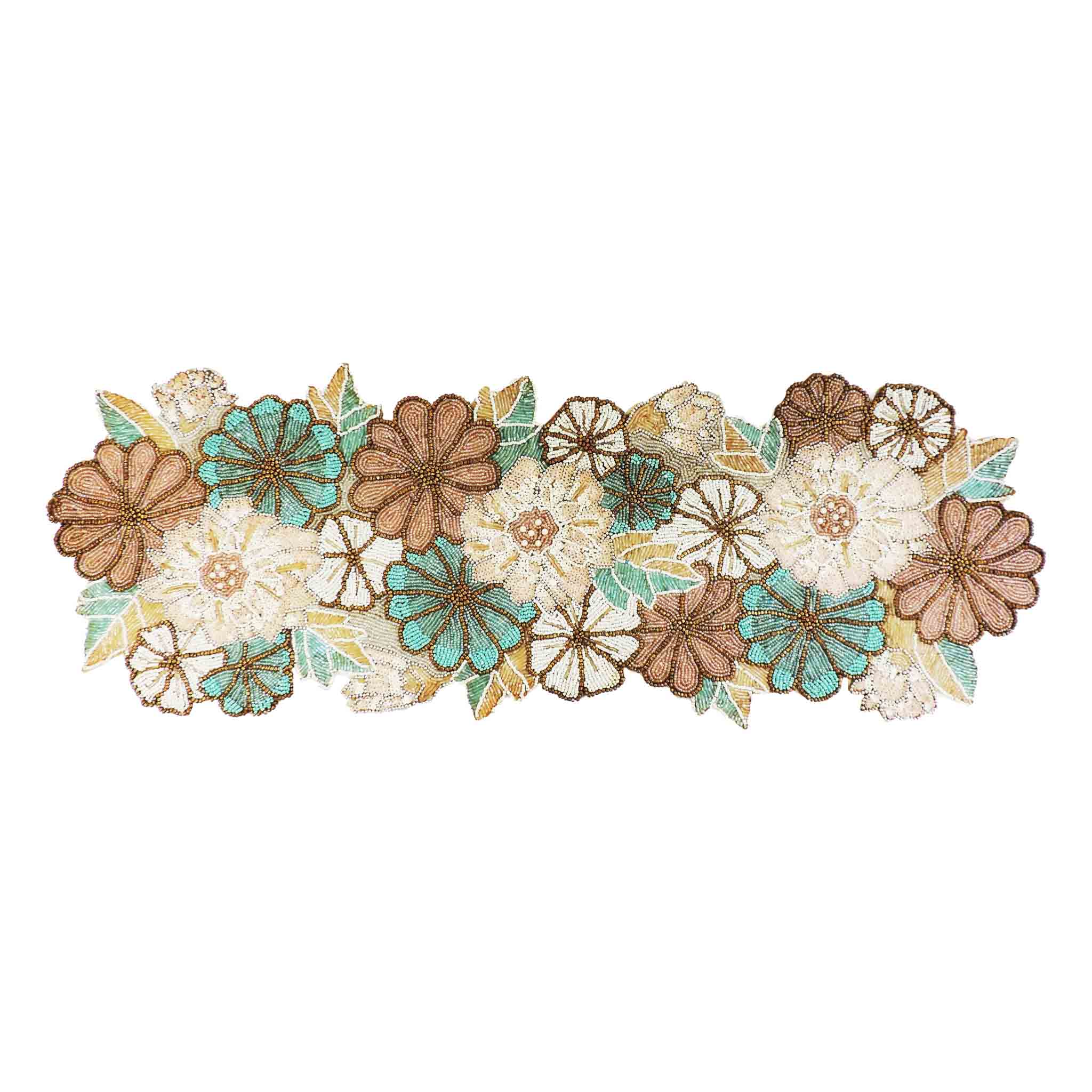 Autumn Blooms Bead Embroidered Table Runner in Teal & Grey
