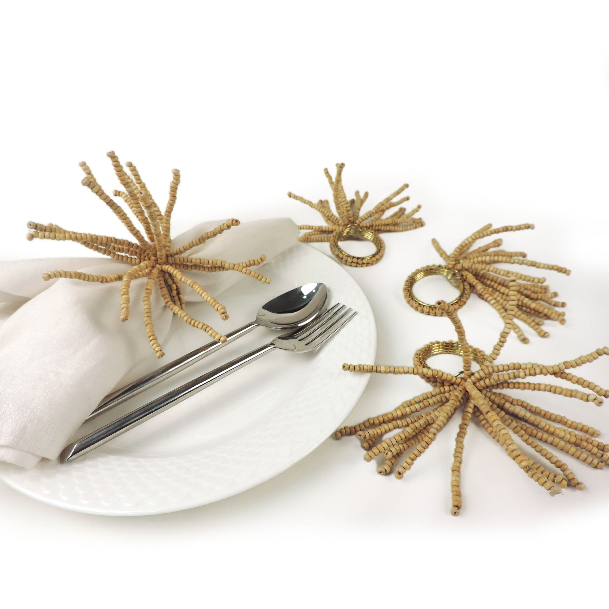 II Pesce Glass Bead Table Setting for 4 - Embroidered Placemats, Napkin Rings & Table Runner in Natural White