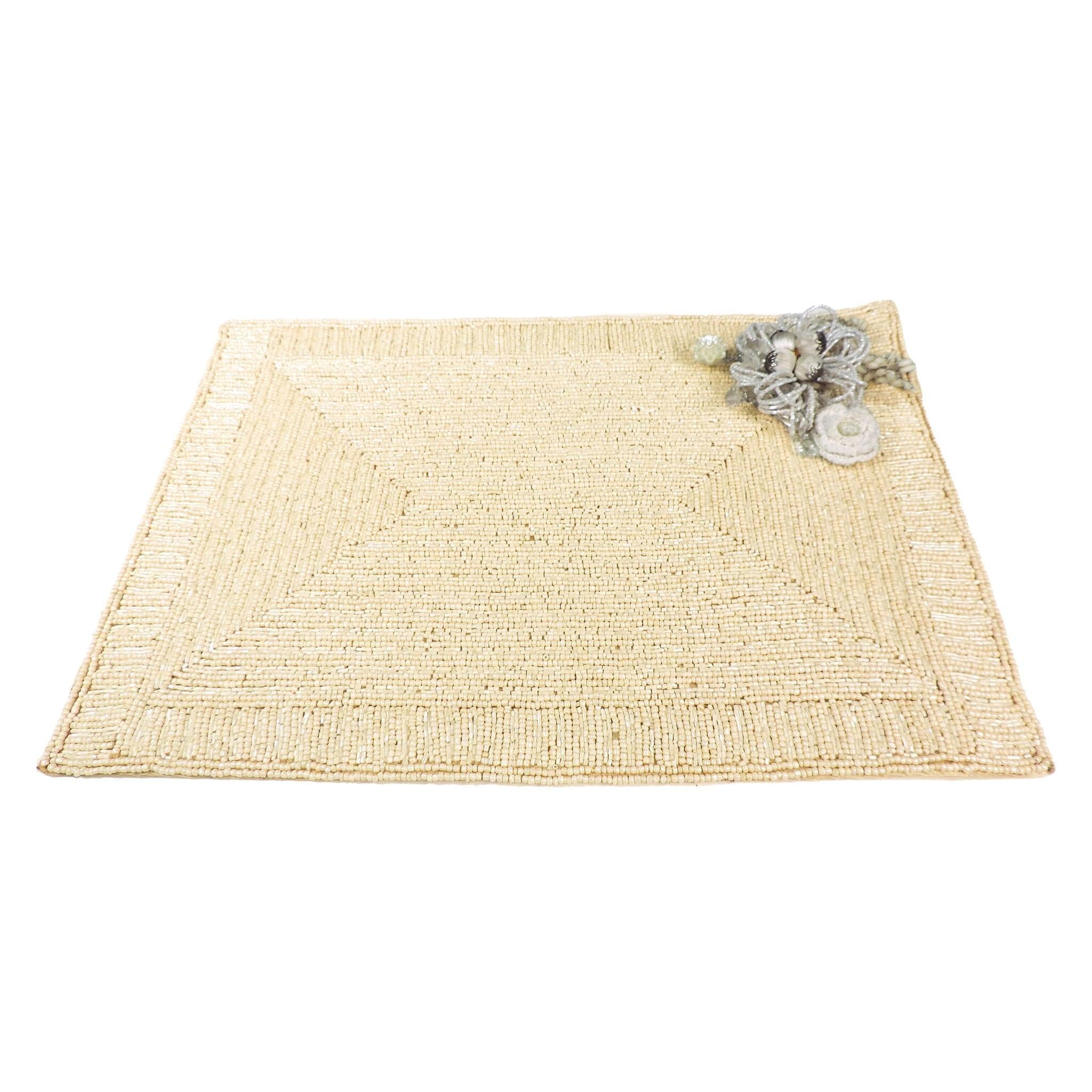 Glass Bead Embroidered Flower Placemat<br>Color: Cream<br>Set of 2/4<br>Size: 12"x18"