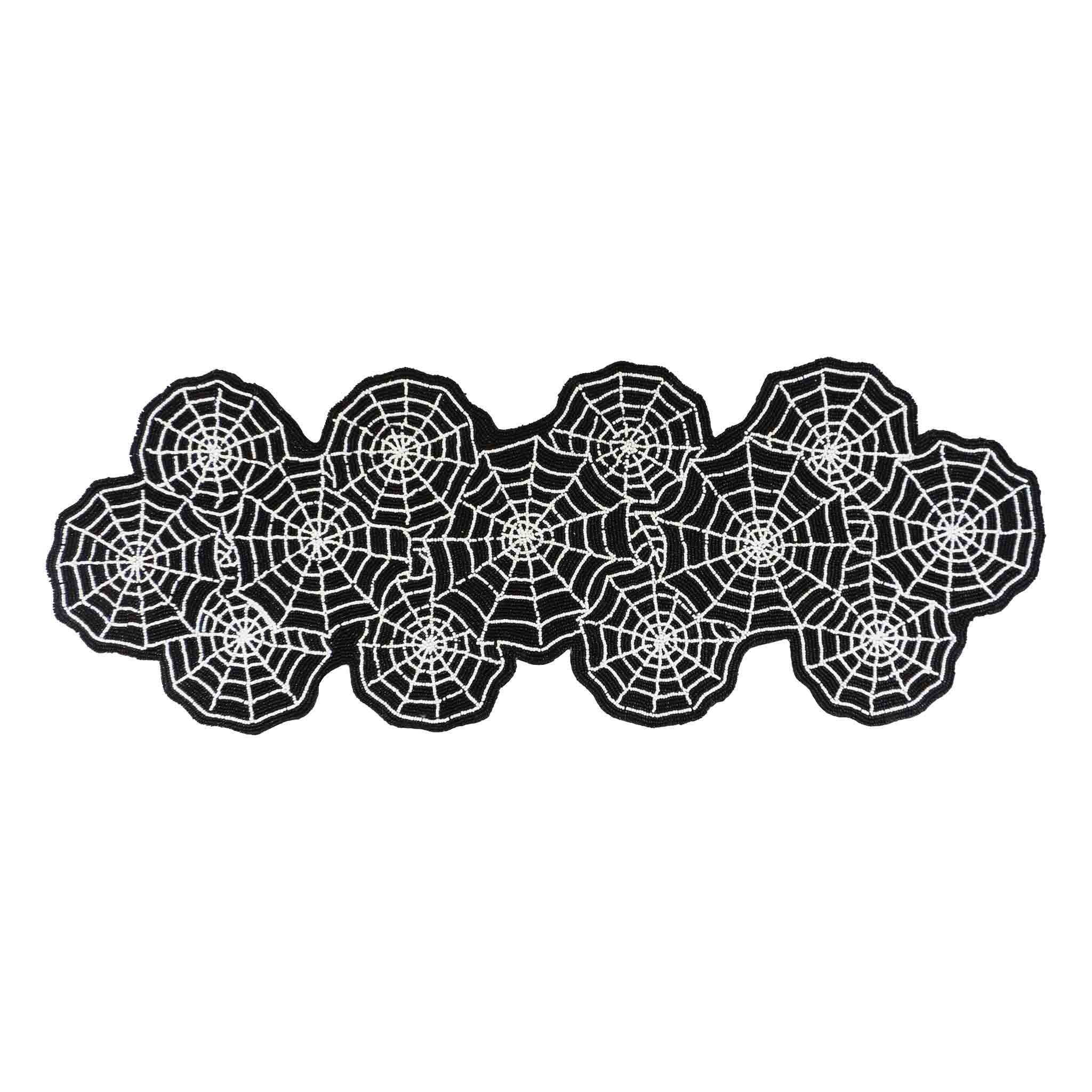 Spiderweb Bead Table Setting for 4 - Embroidered Placemats, Napkin Rings & Table Runner in Black and Silver