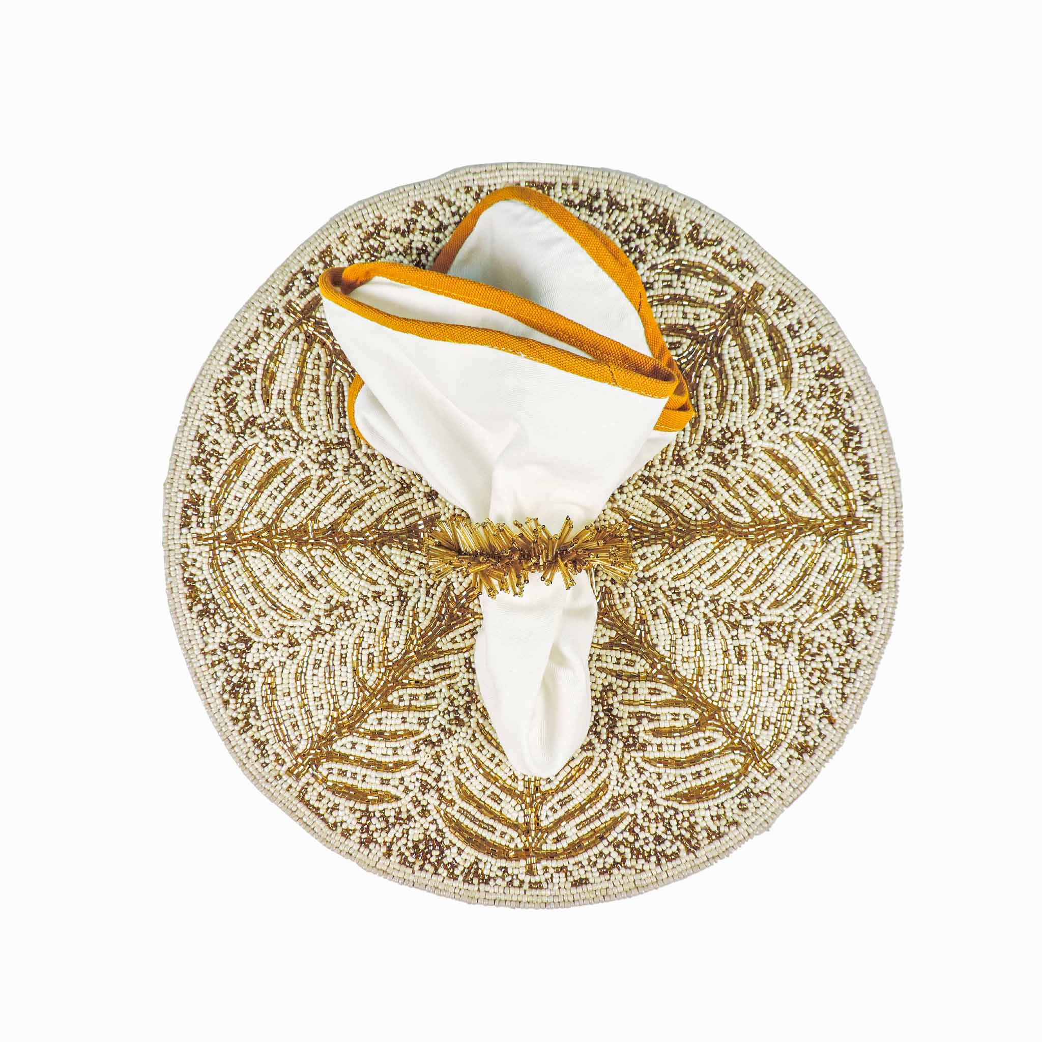 Tree of Life Glass Bead Embroidered Placemat in Cream & Gold, Set of 2