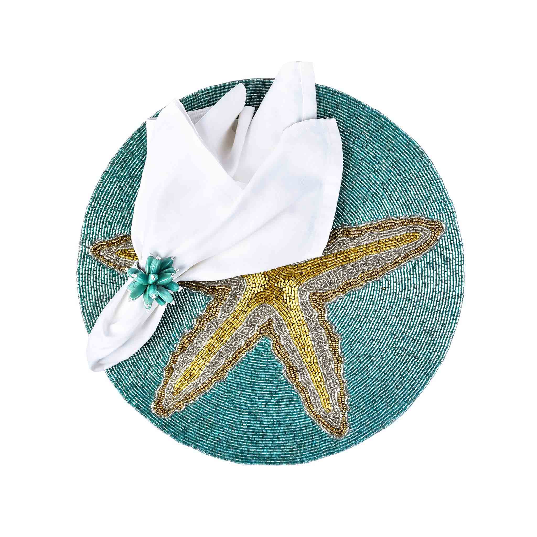 Ringo Star Fish Table Setting for 4 - Embroidered Placemats, Napkin Rings & Table Runner in Teal & Gold