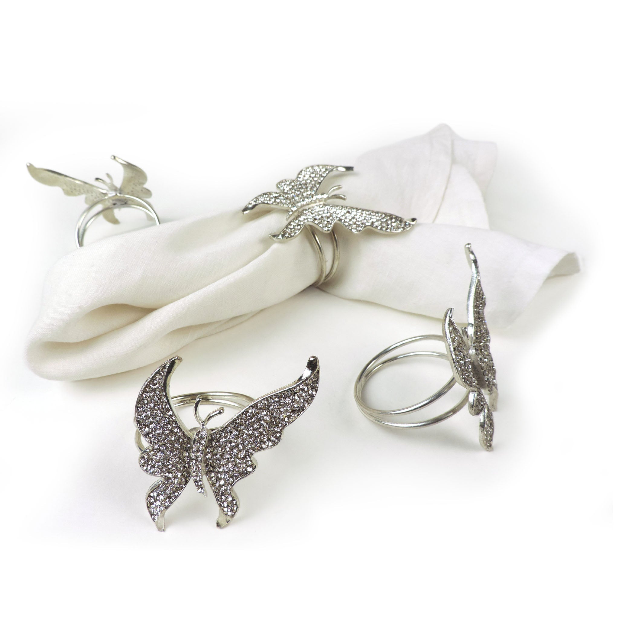 Jeweled Butterfly Napkin Ring in Silver, Set of 4