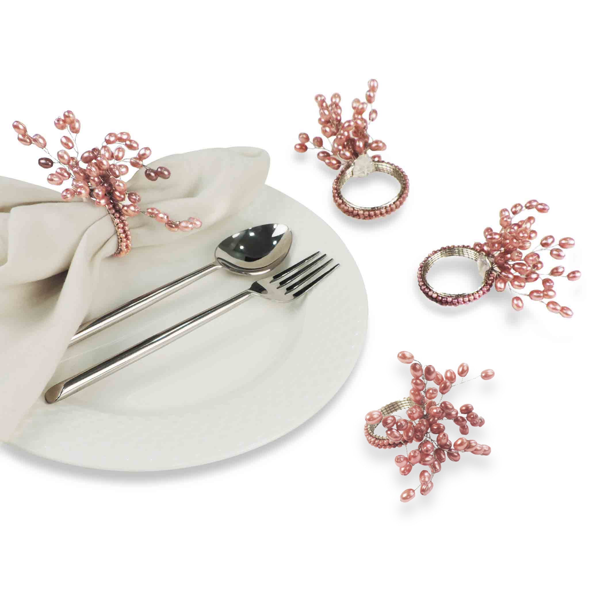Petal Impressions Bead Table Setting for 4 - Embroidered Placemats, Coasters & Napkin Rings in Dusty Pink