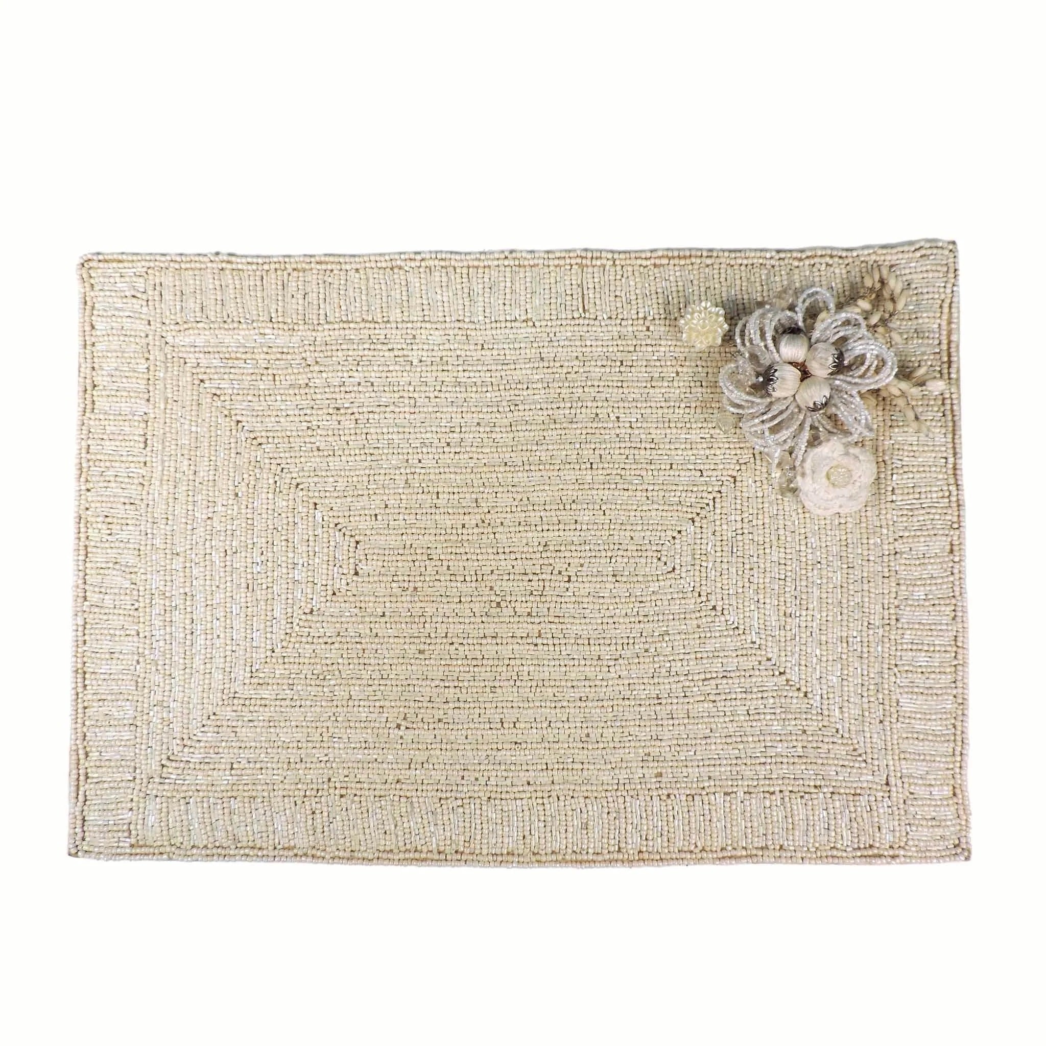 Glass Bead Embroidered Flower Placemat in Off-White, Set of 2/4