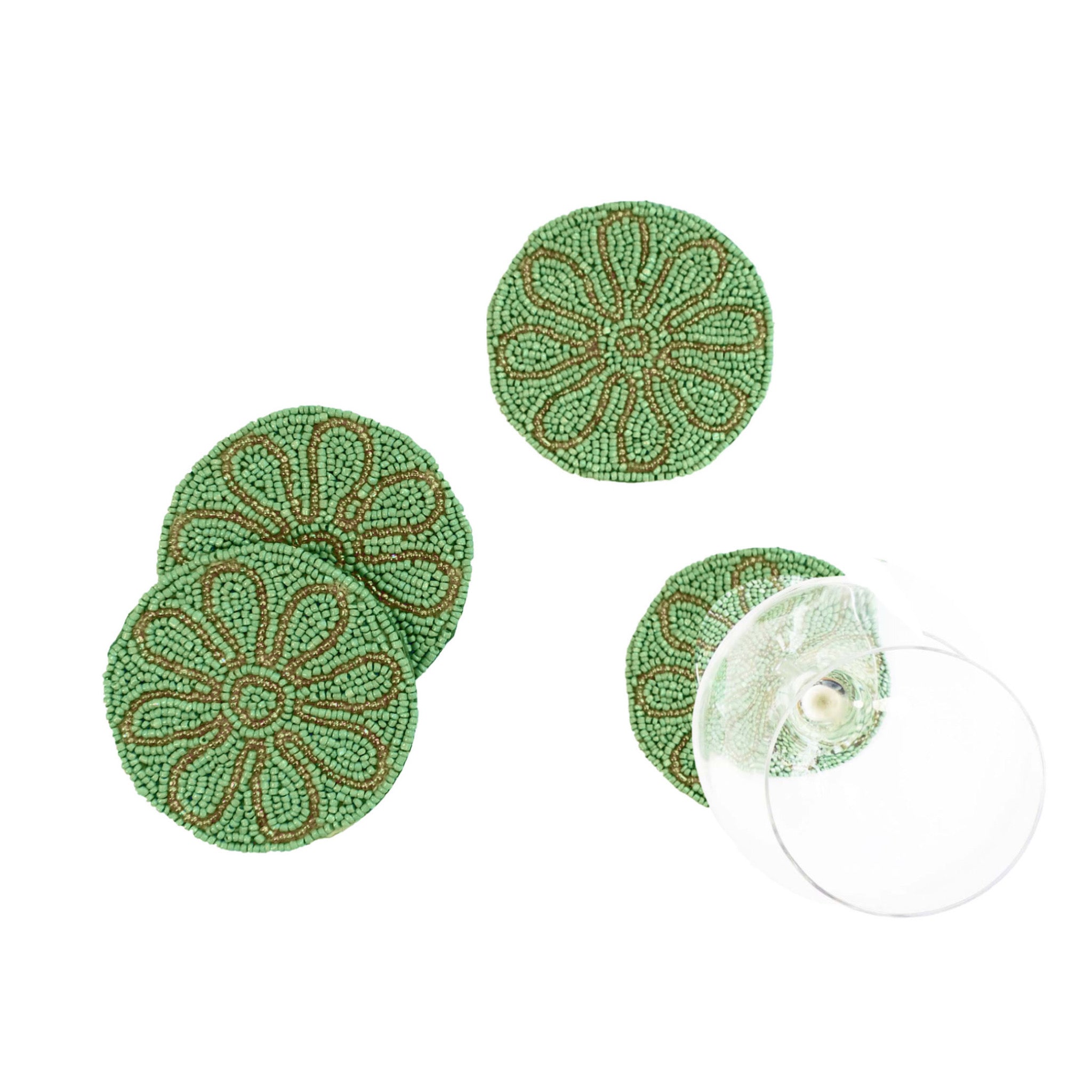 Petal Impressions Embroidered Coaster in Pale Green, Set of 4