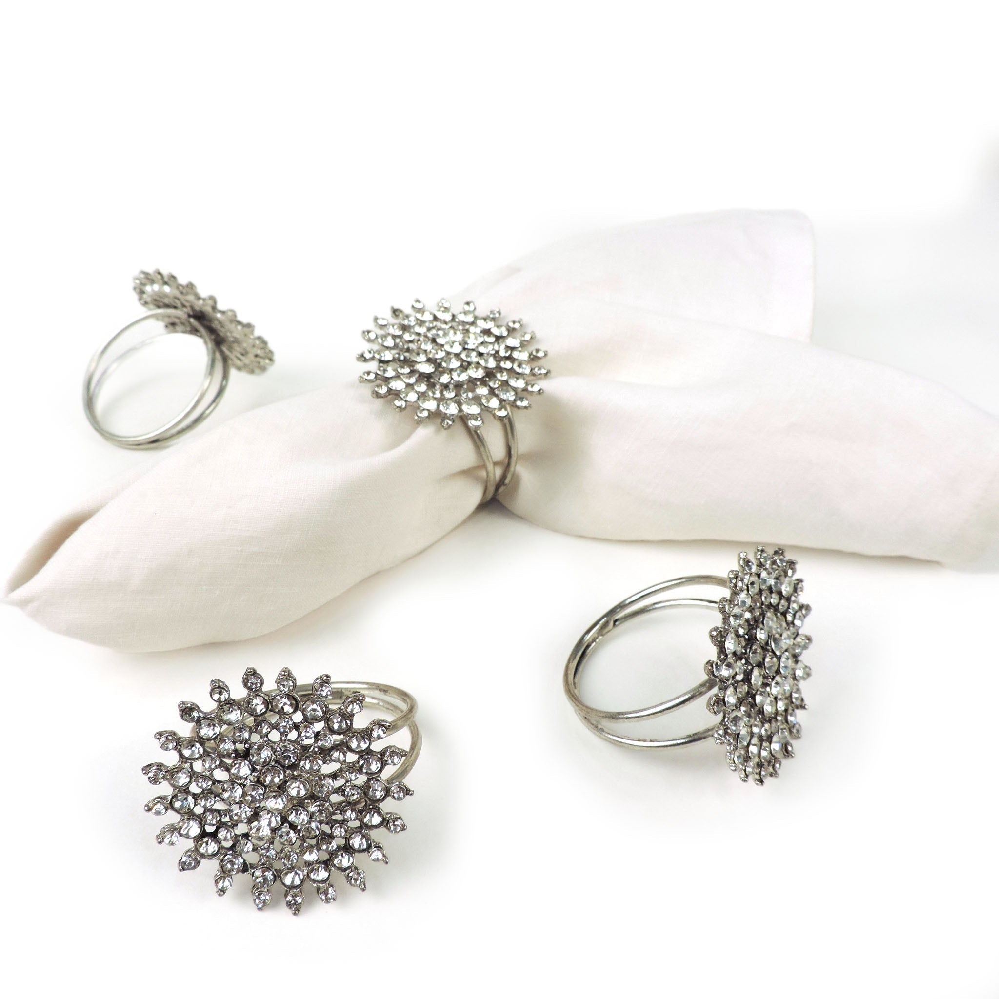 Bold & Beautiful Jeweled Napkin Ring in Silver, Set of 4
