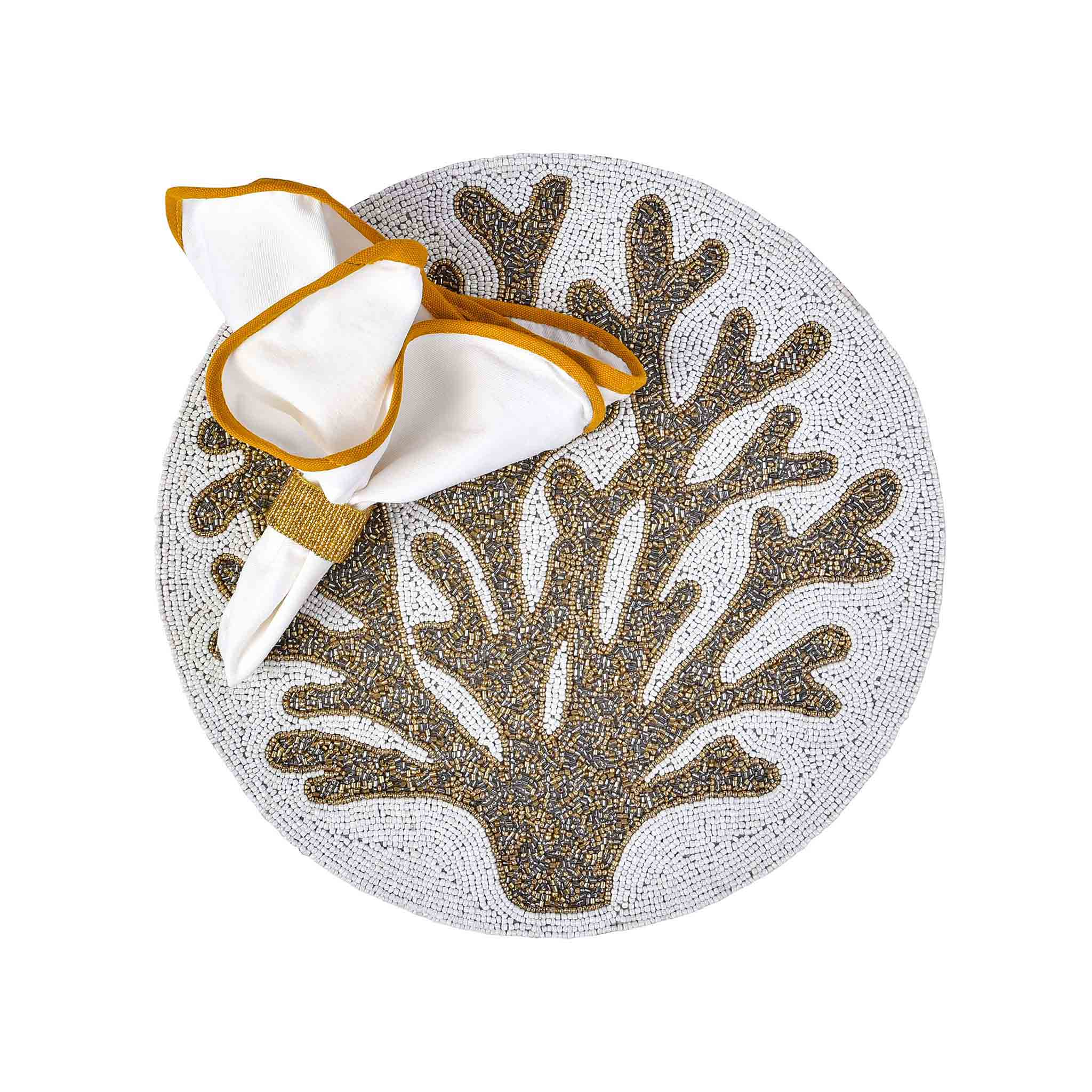 Sea La Vie Table Setting for 4 - Embroidered Placemats, Napkin Rings & Table Runner in Cream & Gold