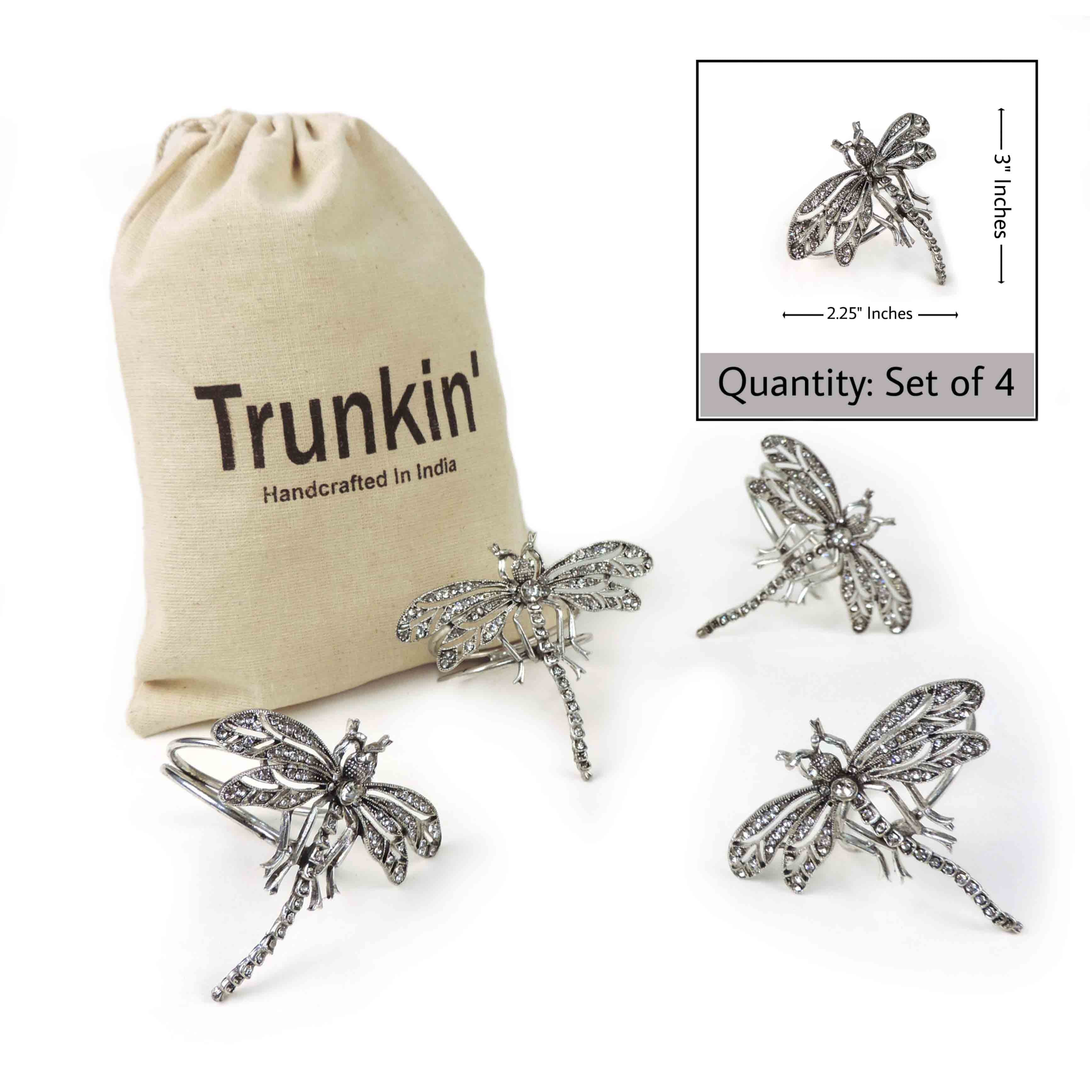 Jeweled Dragonfly Napkin Ring in Silver, Set of 4