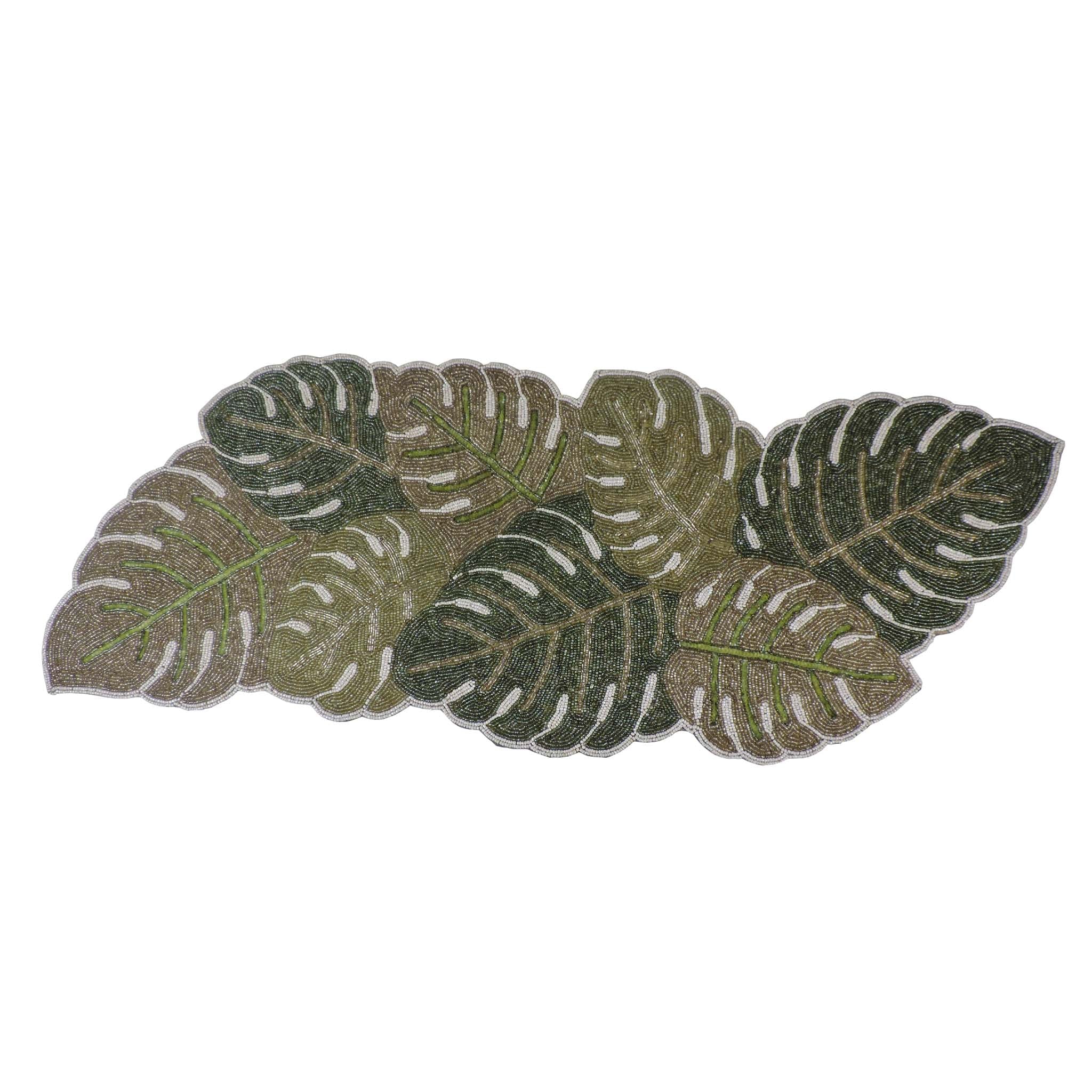 Botanical Leaf Glass Bead Embroidered Table Runner in Green