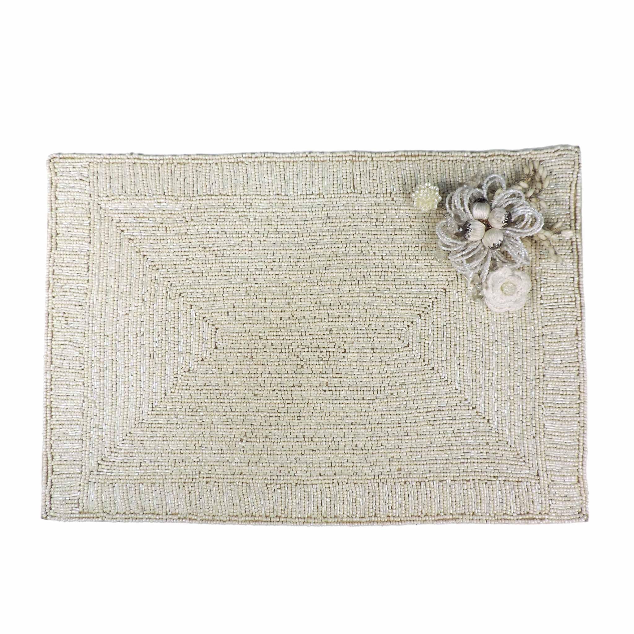 Glass Bead Embroidered Flower Placemat in White, Set of 2