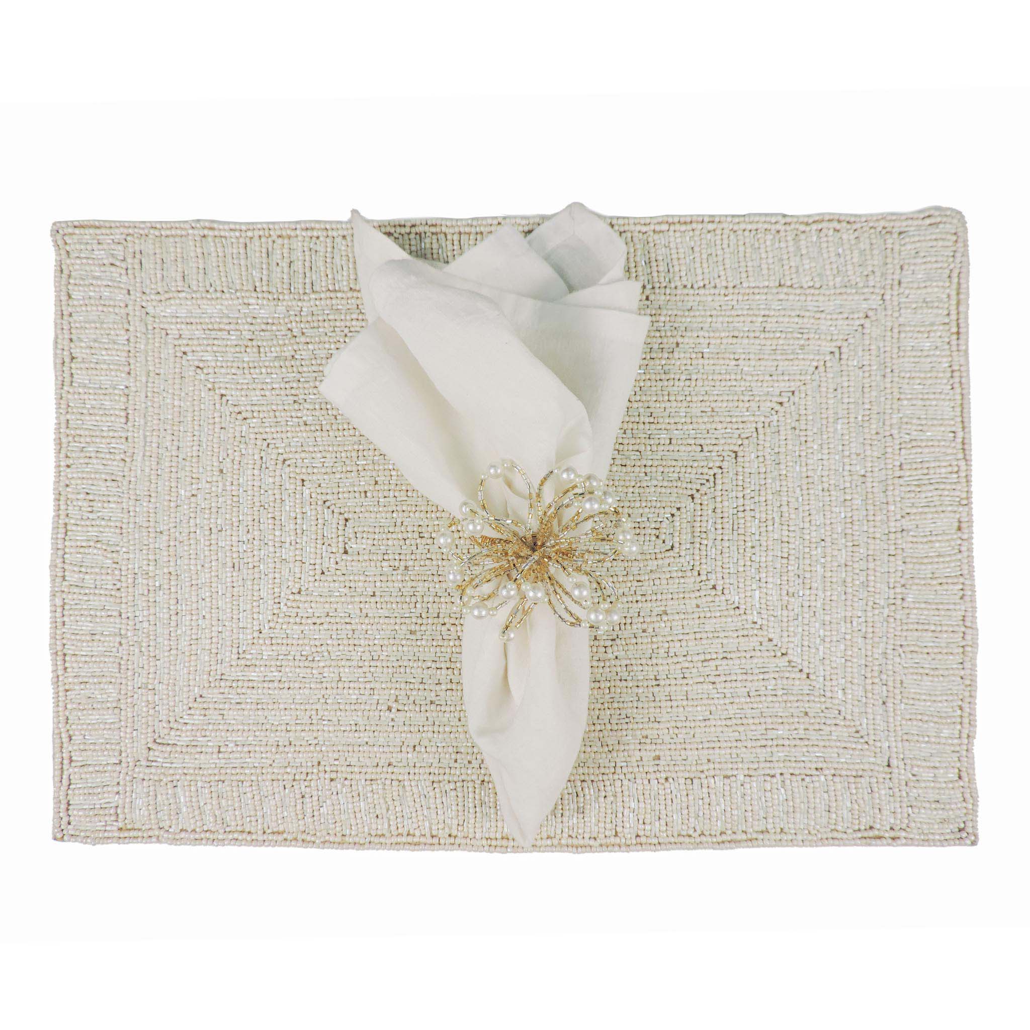 Glass Bead Embroidered Placemat in Off-White, Set of 2