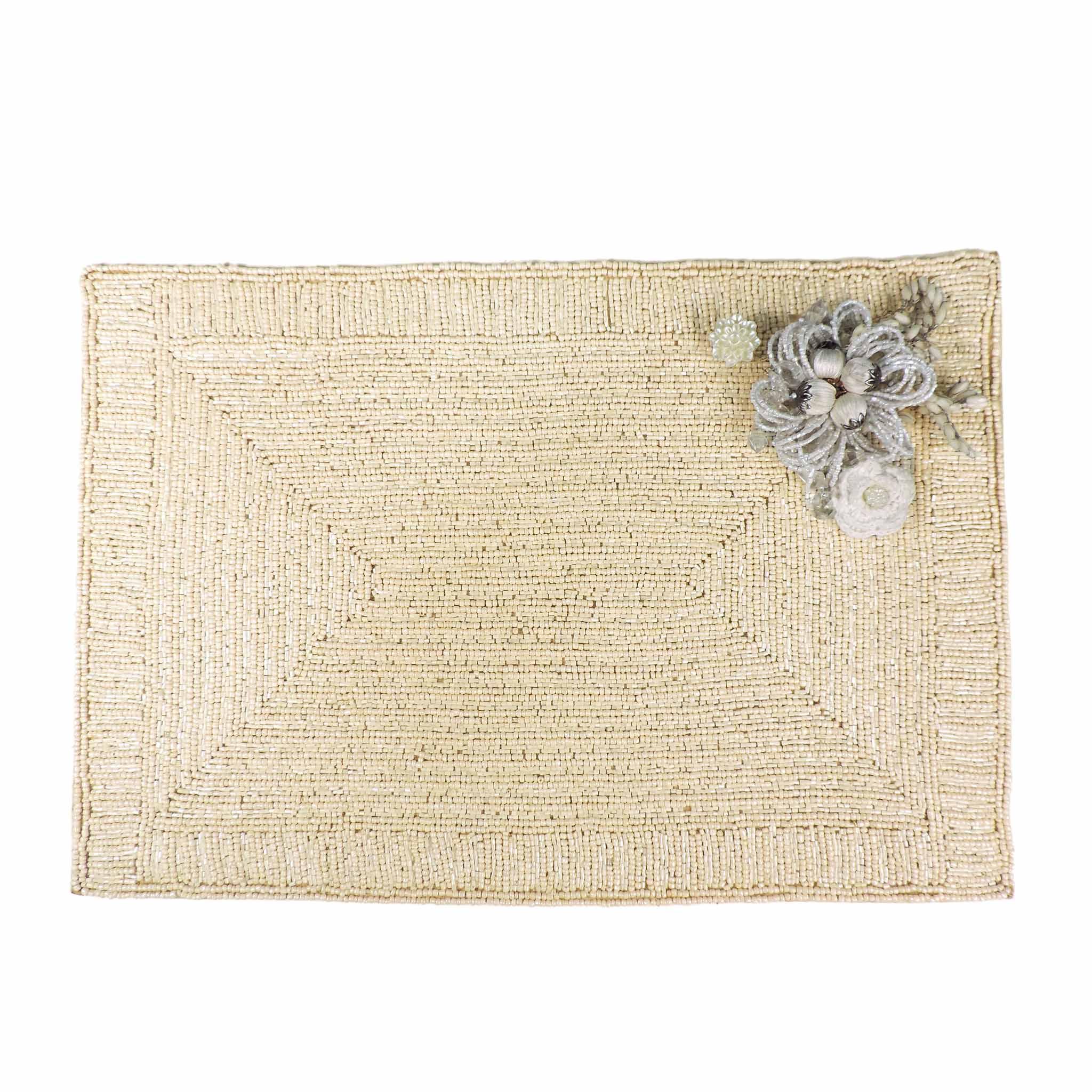 Glass Bead Embroidered Flower Placemat<br>Color: Cream<br>Set of 2<br>Size: 12"x18" - Trunkin' USA