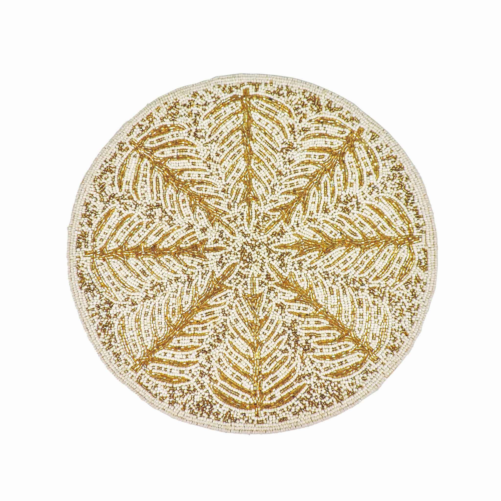 Tree of Life Glass Bead Embroidered Placemat<br>Color: Cream & Gold<br>Set of 2<br>Size: 14" Round - Trunkin' USA