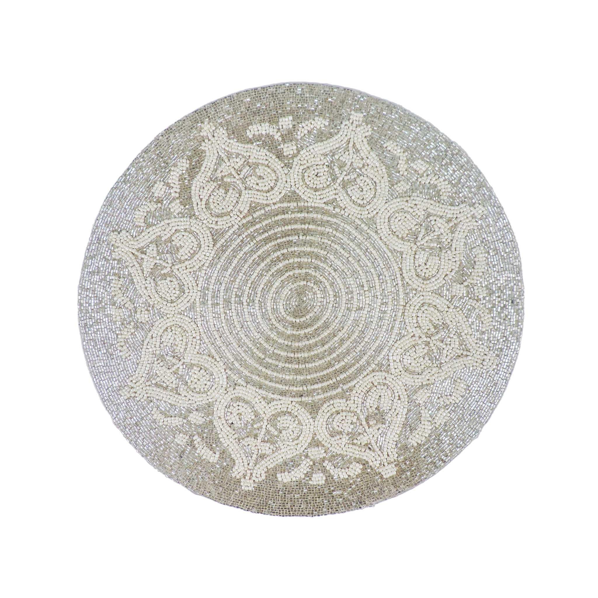 Hearts Desire Glass Bead Embroidered Placemat<br>Color: White Silver<br>Set of 2<br>Size: 14" Round - Trunkin' USA