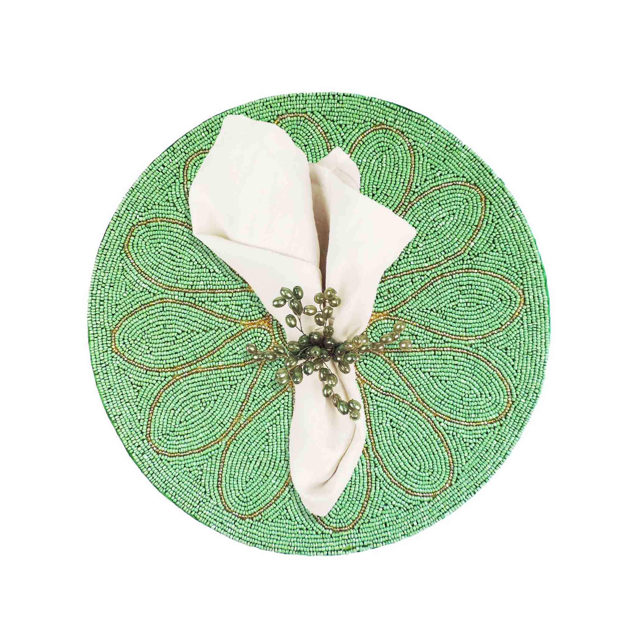Petal Impressions Bead Embroidered Placemat in Pale Green, Set of 2/4