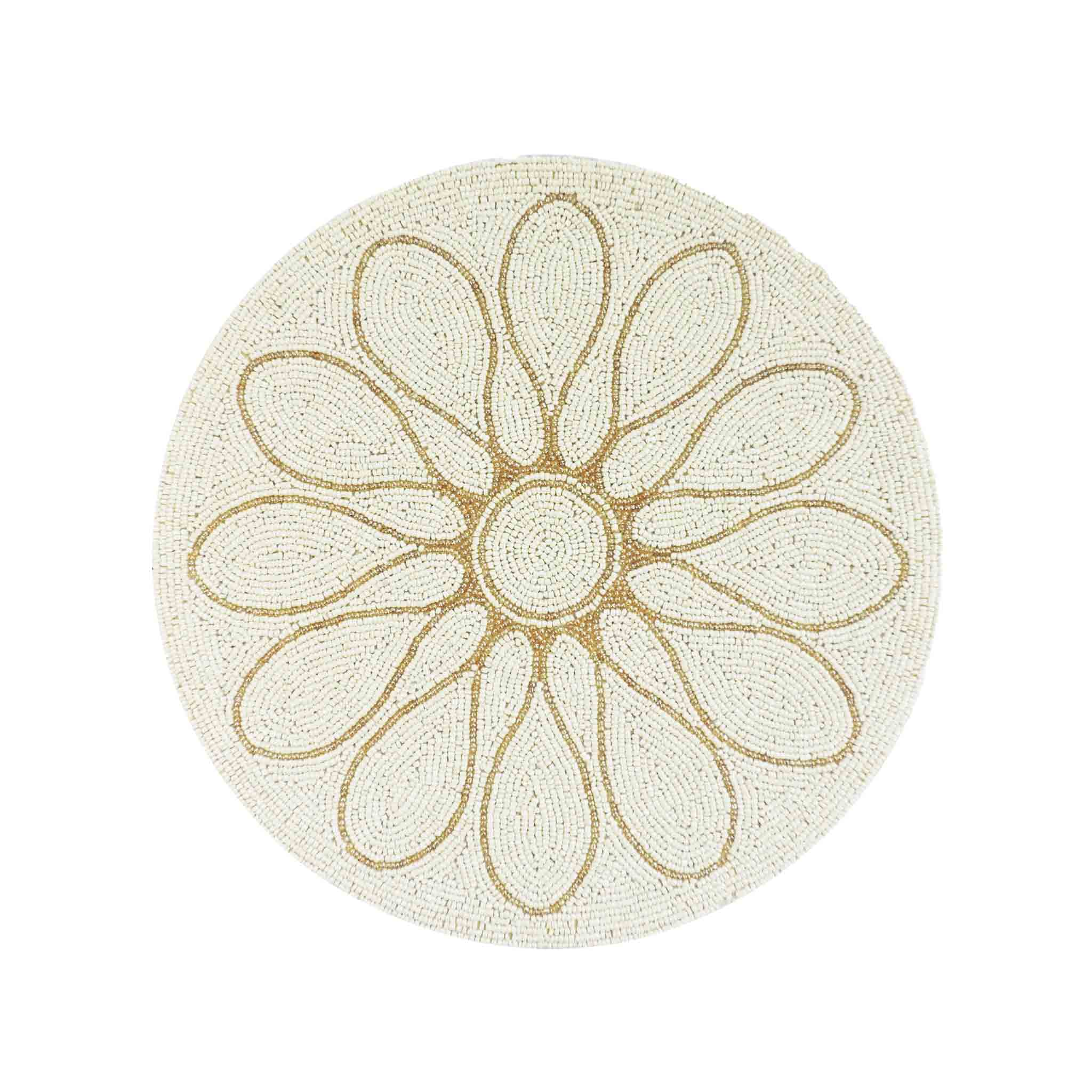 Petal Impressions Bead Embroidered Placemat<br>Color: Cream <br>Size: 14" Round<br>Set of 2