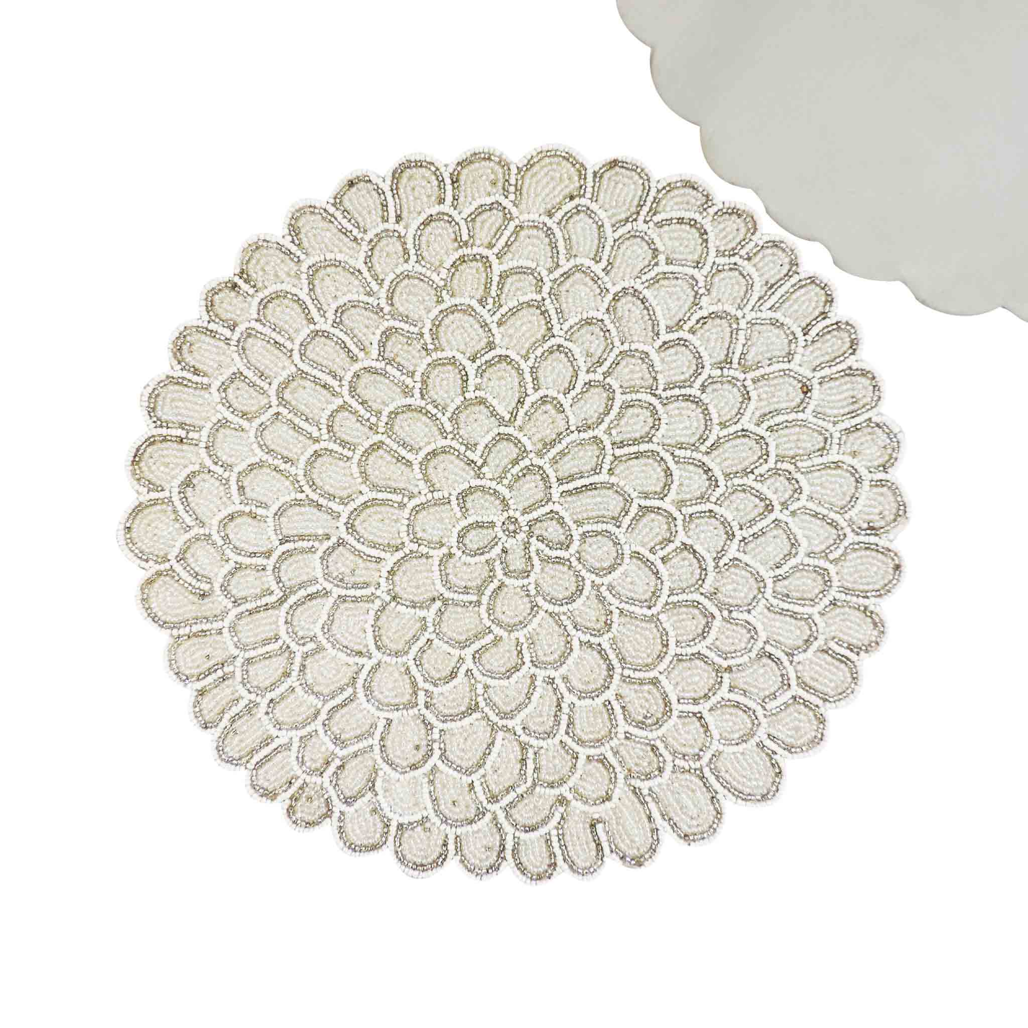 Dahlia Bead Embroidered Placemat in Cream & Silver, Set of 2