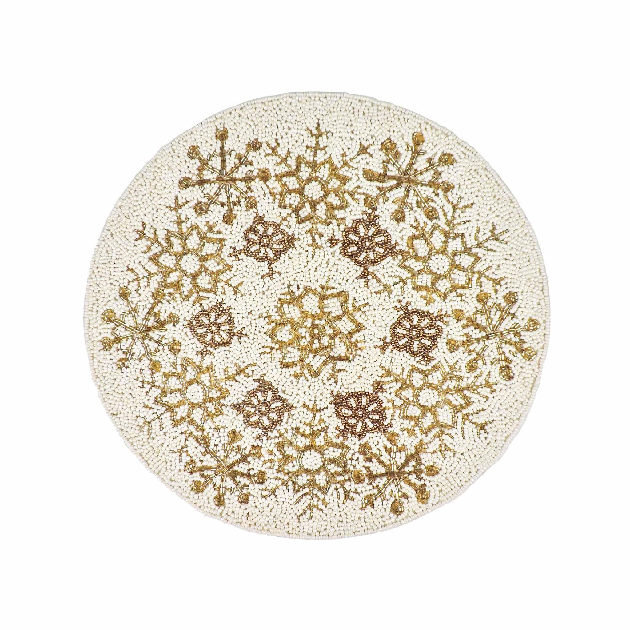 Chill-Out Bead Embroidered Placemat<br>Color: Cream & Gold<br>Size: 13.5" Round<br>Set of 2 - Trunkin' USA