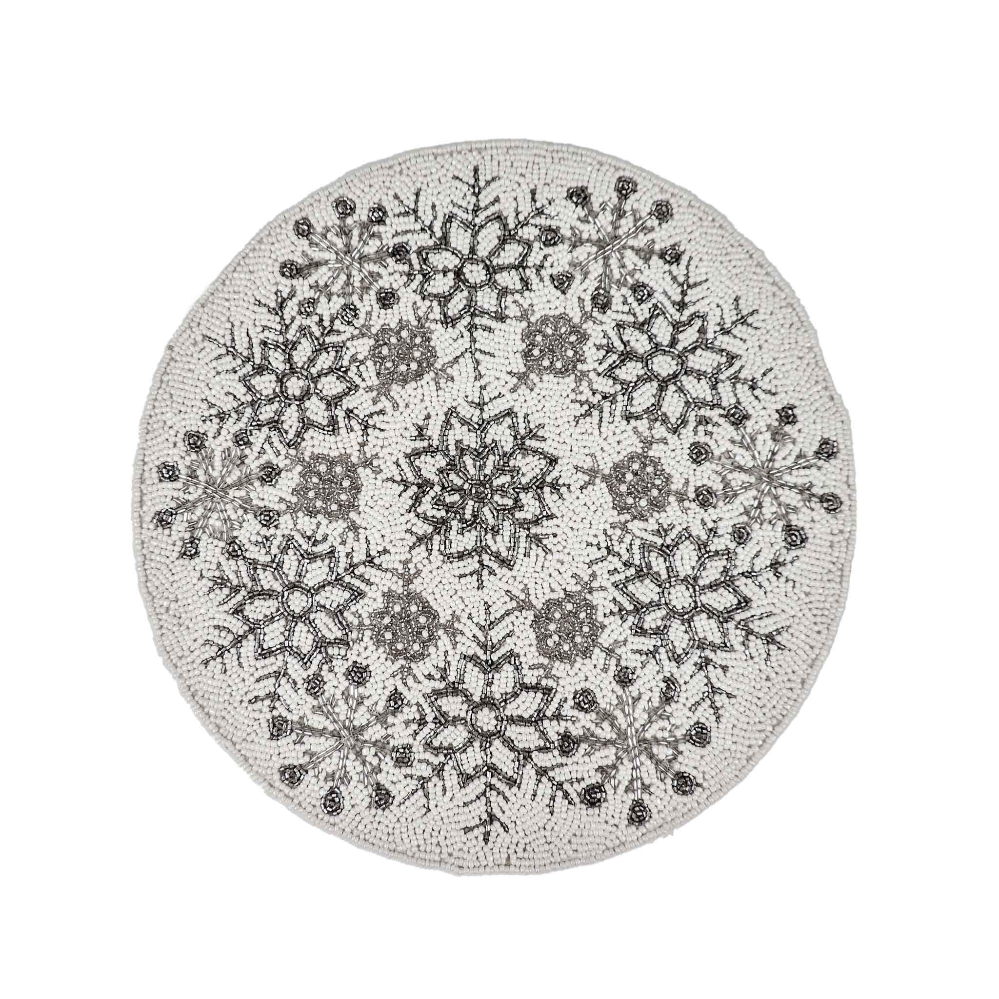 Chill-Out Bead Embroidered Placemat<br>Color: Cream Silver<br>Size: 13.5" Round<br>Set of 2 - Trunkin' USA