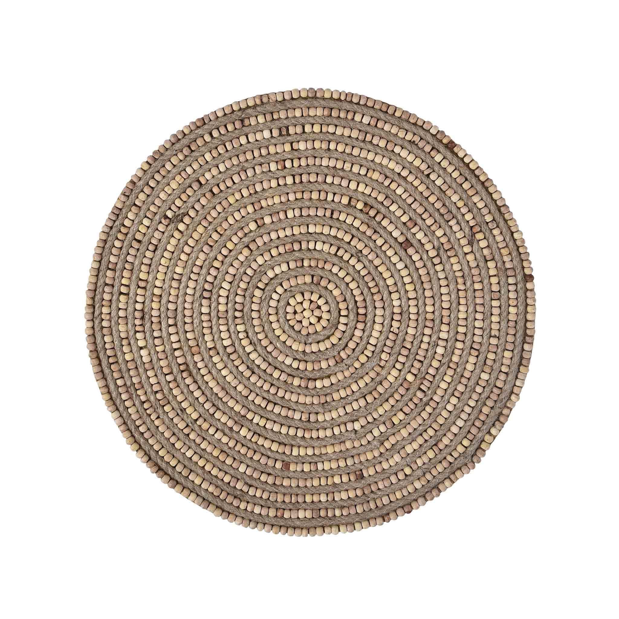 Jute & Wooden Beads Embroidered Placemat<br>Color: Natural<br>Size: 14" Round<br>Set of 2 - Trunkin' USA