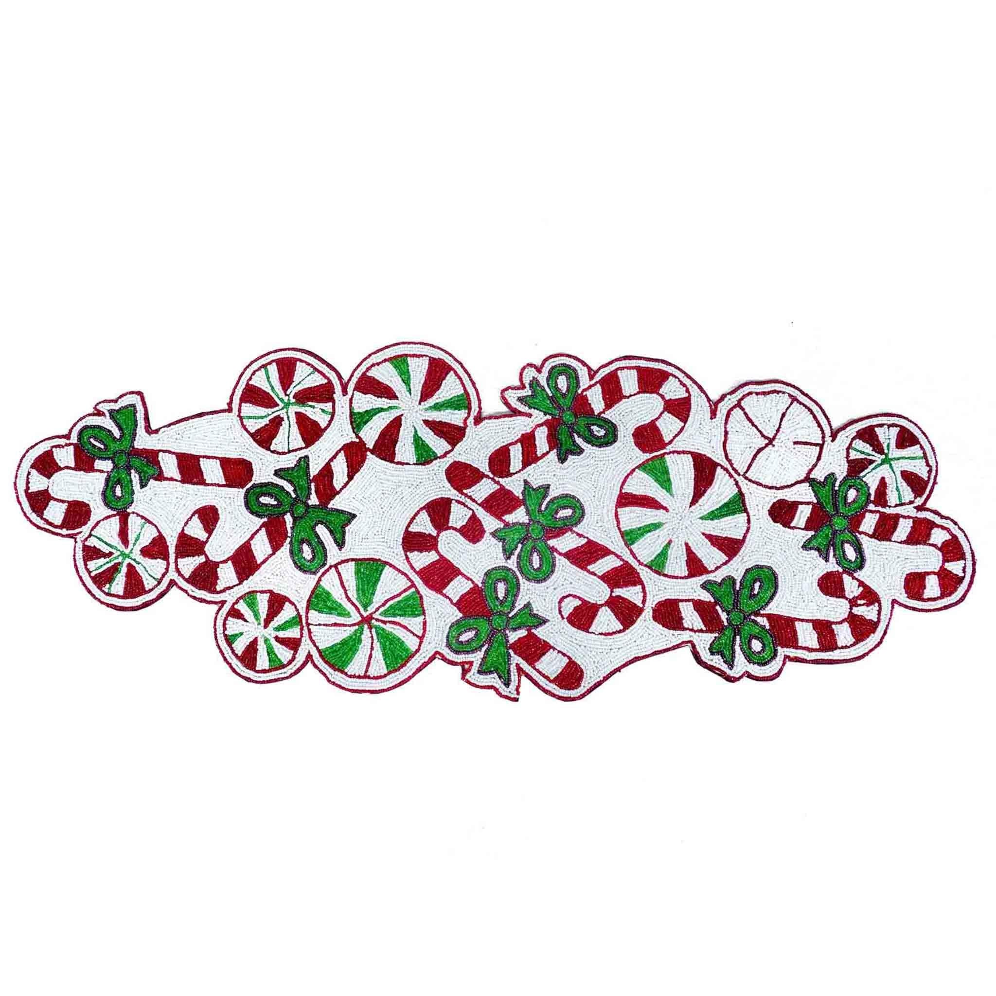 Jingle Balls Bead Table Setting for 4 - Embroidered Holiday Placemats, Napkin Rings & Table Runner in White & Red