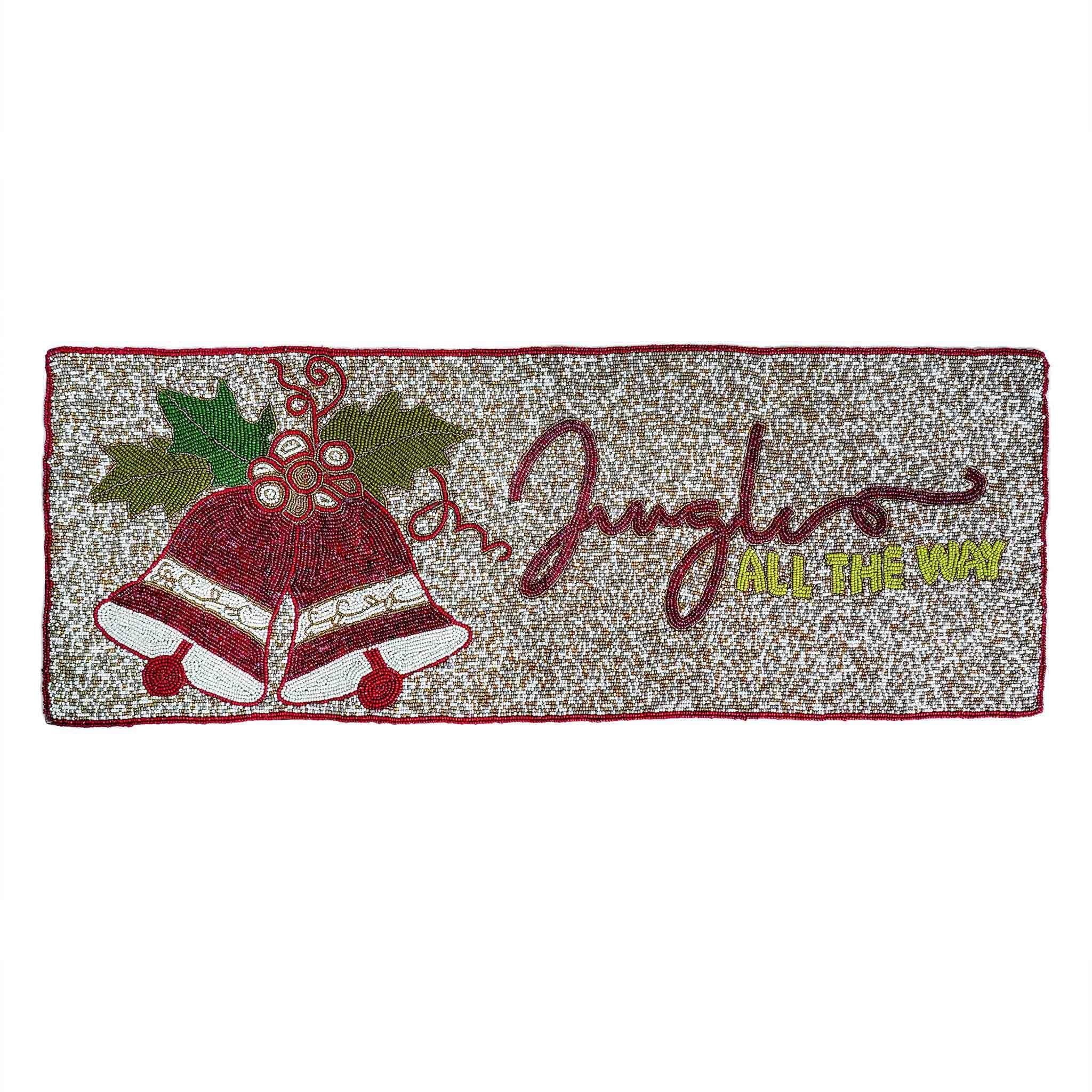 Jingle All the Way Bead Embroidered Table Runner<br>Color: Red, White & Green<br>Size: 36"xSize: 13" - Trunkin' USA