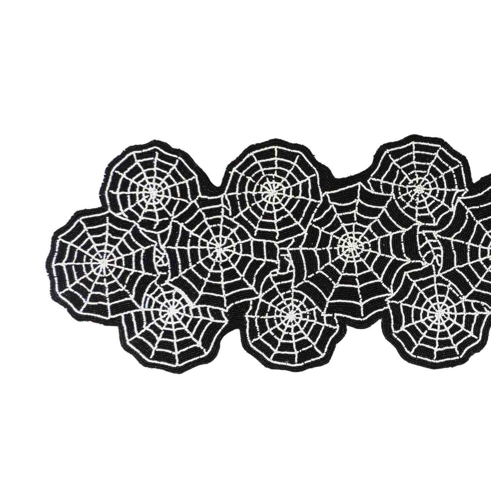 Halloween Spiderweb Glass Bead Embroidered Table Runner in Black & Silver
