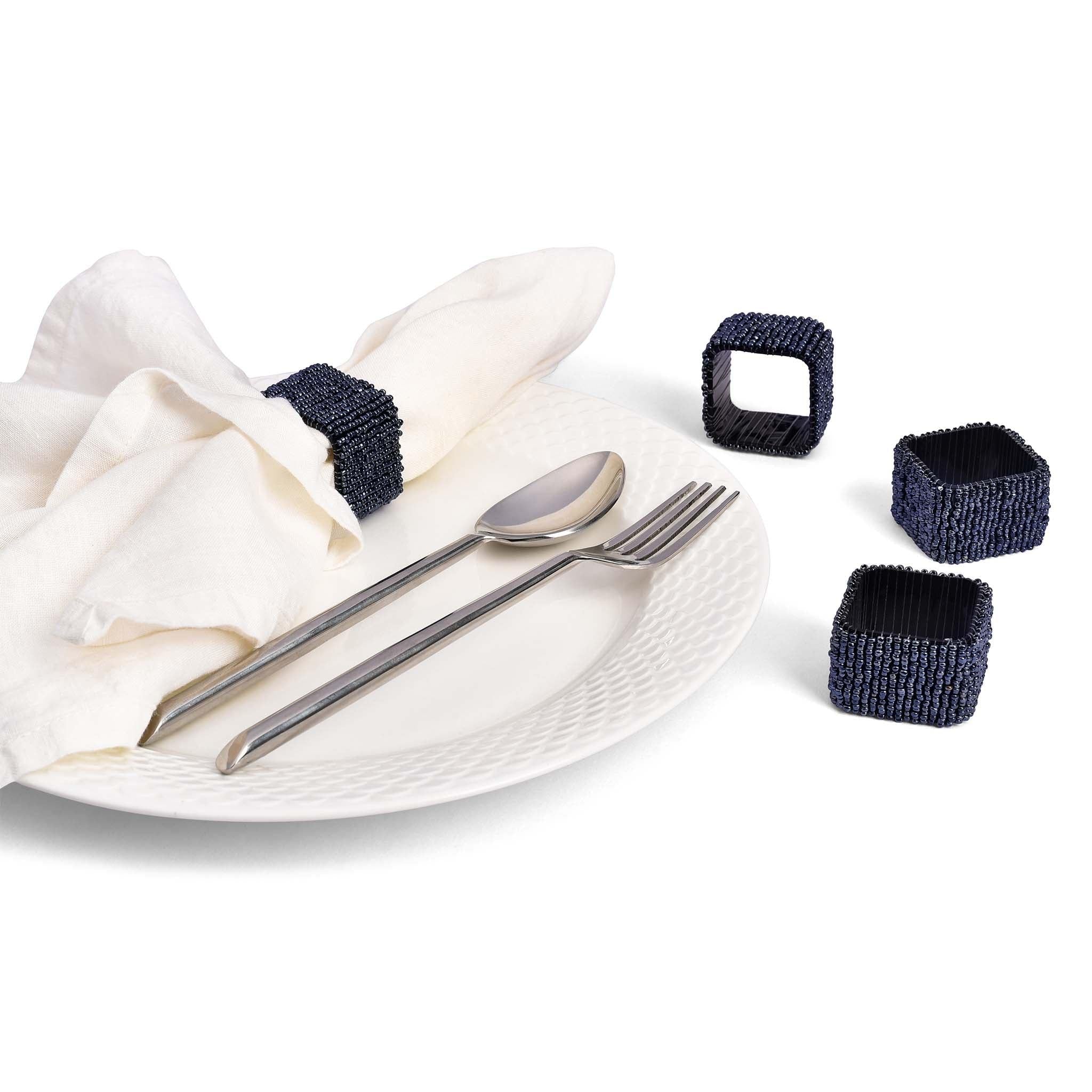 Terrific Trios - Glass Beaded Placemats, Coaster & Napkin Rings<br>Color: Luster Blue<br>Set of 4 - Trunkin' USA