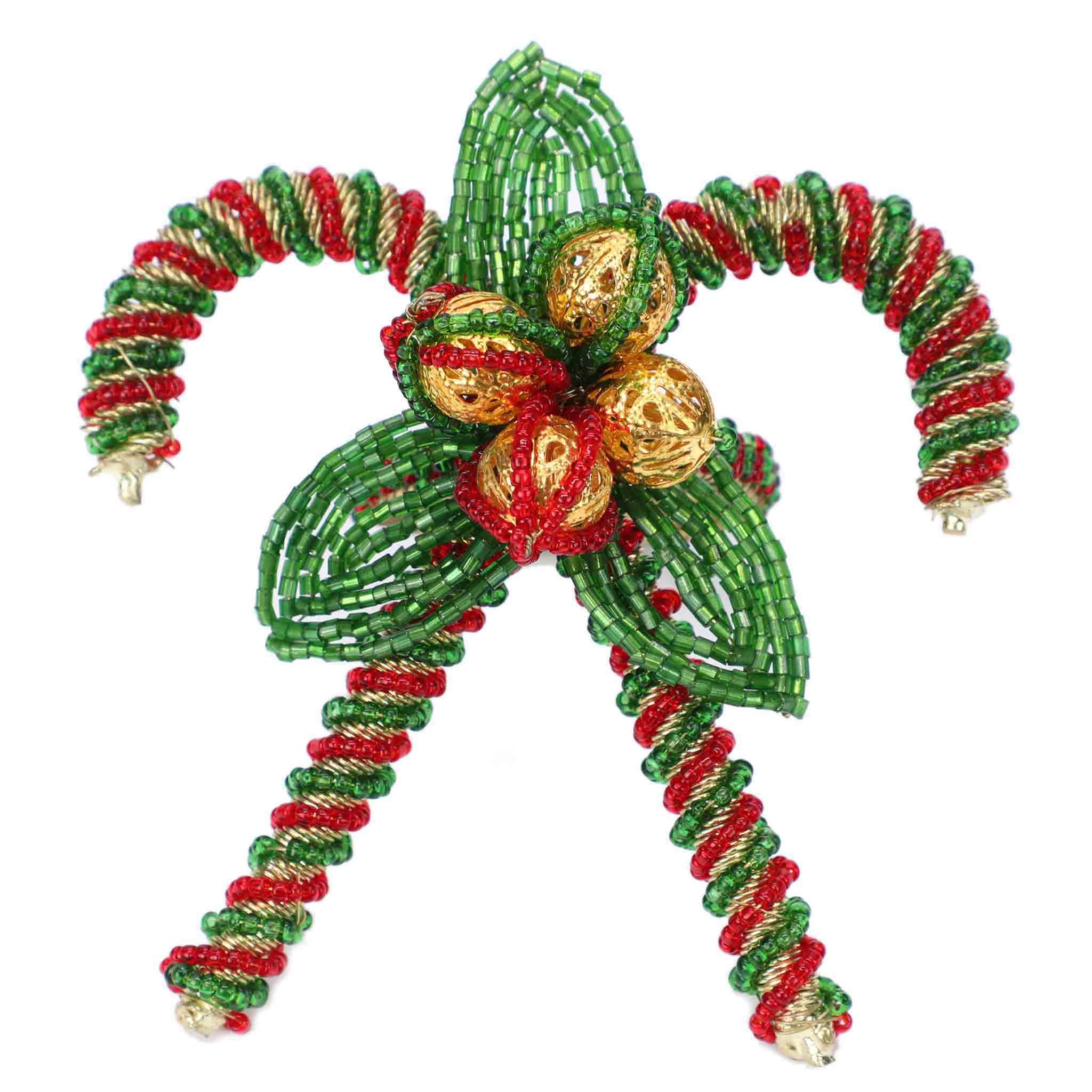 Poinsettia & Holly Bead Table Setting for 4 - Embroidered Holiday Placemats, Napkin Rings & Table Runner in Red & Green