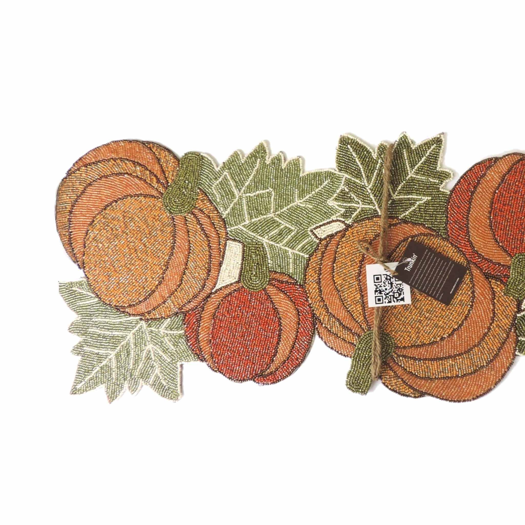 Harvest Pumpkin Glass Bead Embroidered Table Runner in Autumn Colors