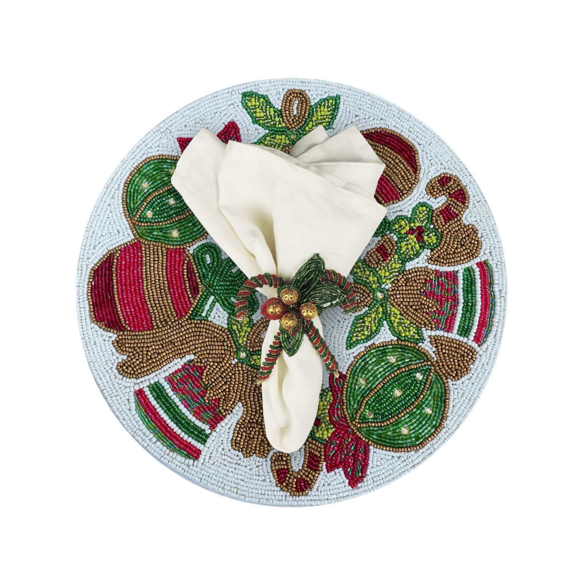 Jingle Balls Bead Table Setting for 4 - Embroidered Holiday Placemats, Napkin Rings & Table Runner in White & Red