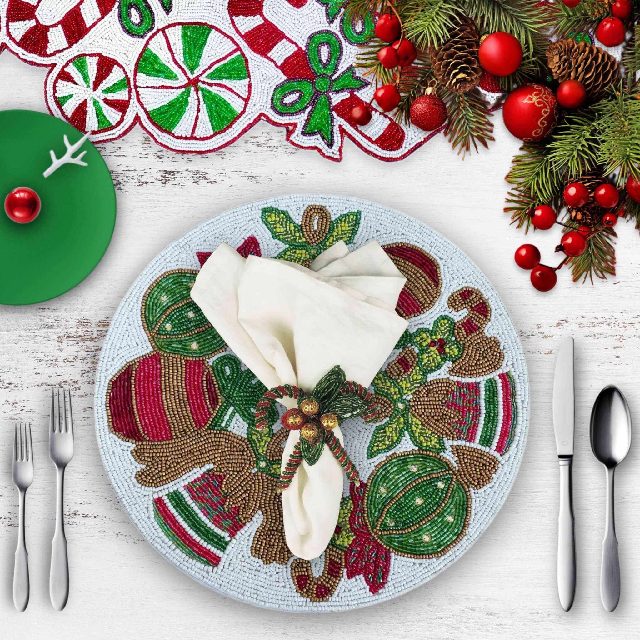 Jingle Balls Bead Embroidered Placemat in White, Red & Green, Set of 2/4