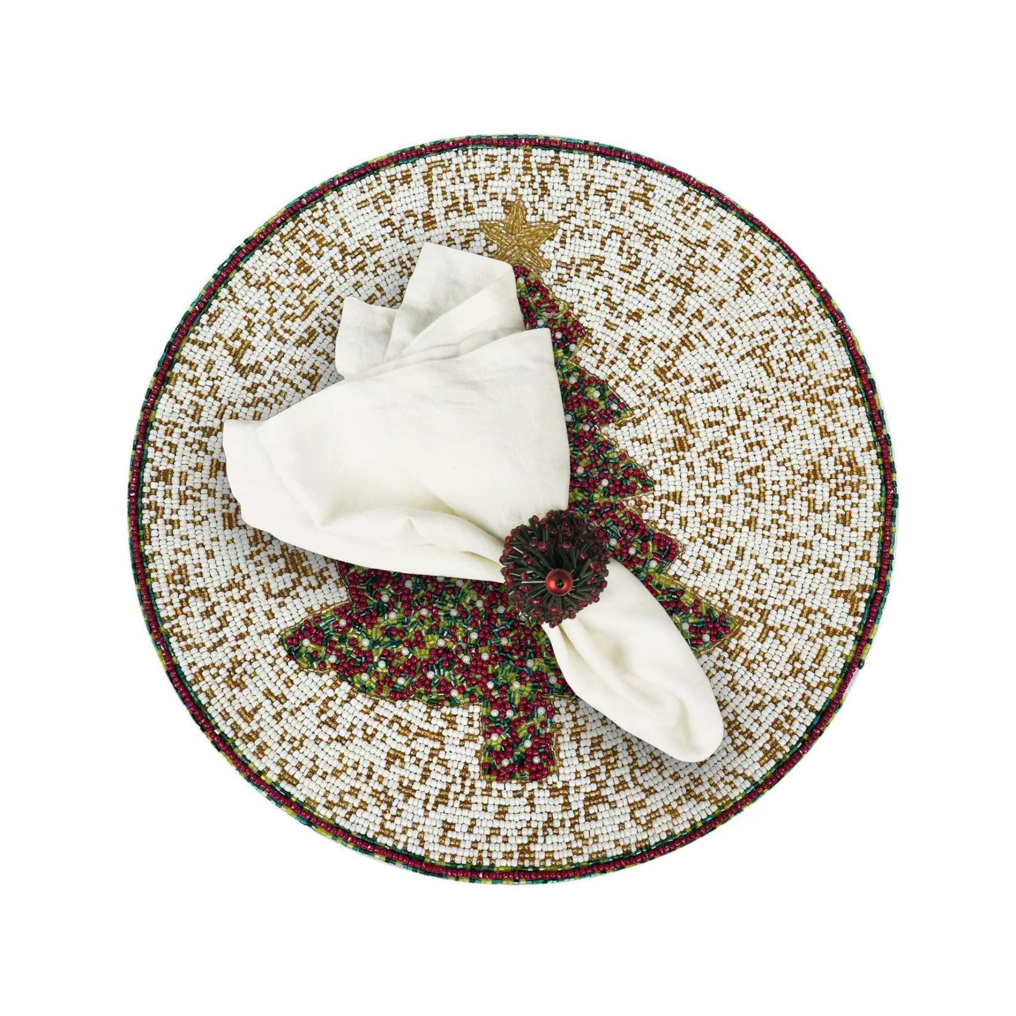 Fir Sure Bead Embroidered Placemat in Cream, Red & Green, Set of 2/4