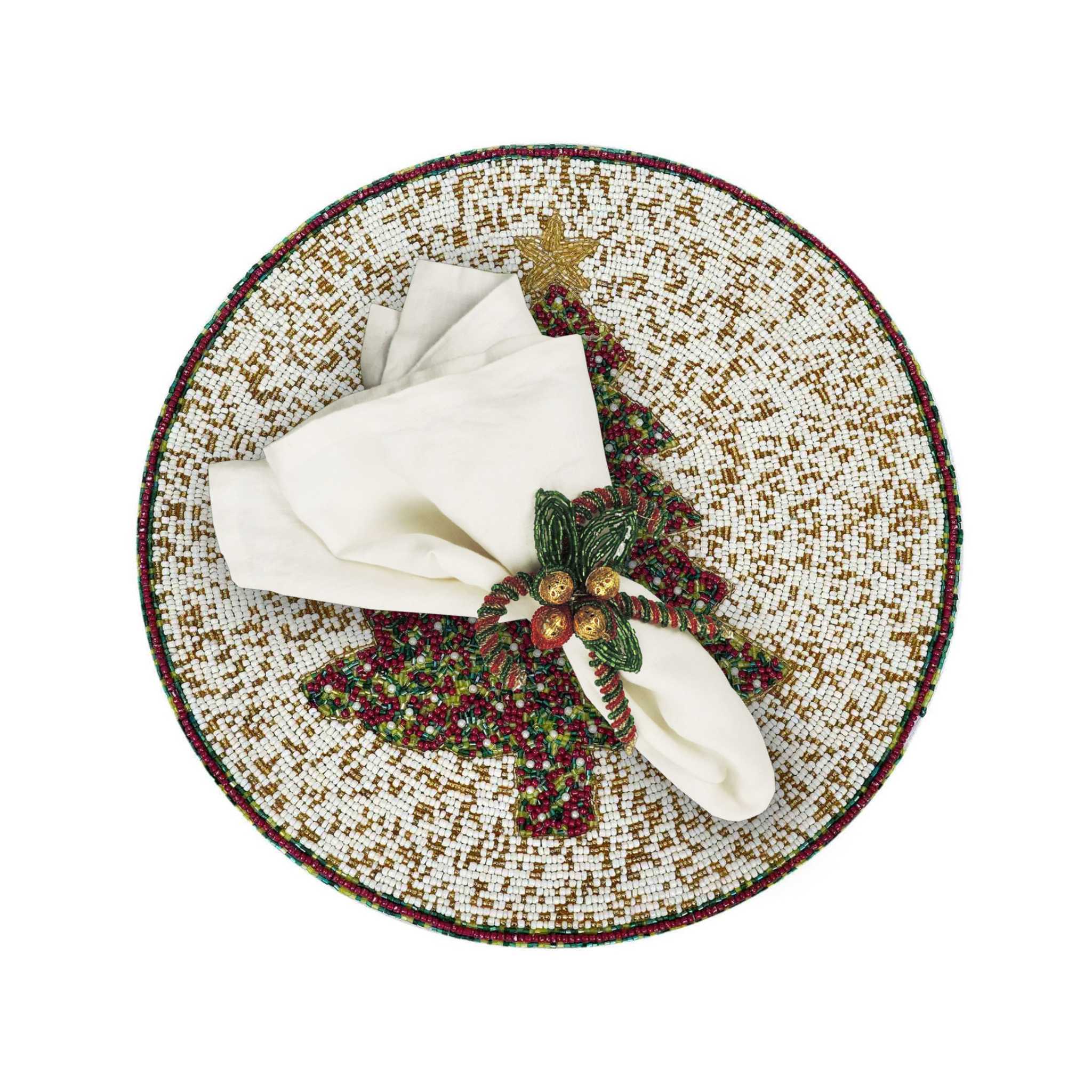 Fir Sure Bead Embroidered Placemat<br>Color: Cream, Red & Green<br>Size: 13.5" Round<br>Set of 2/4