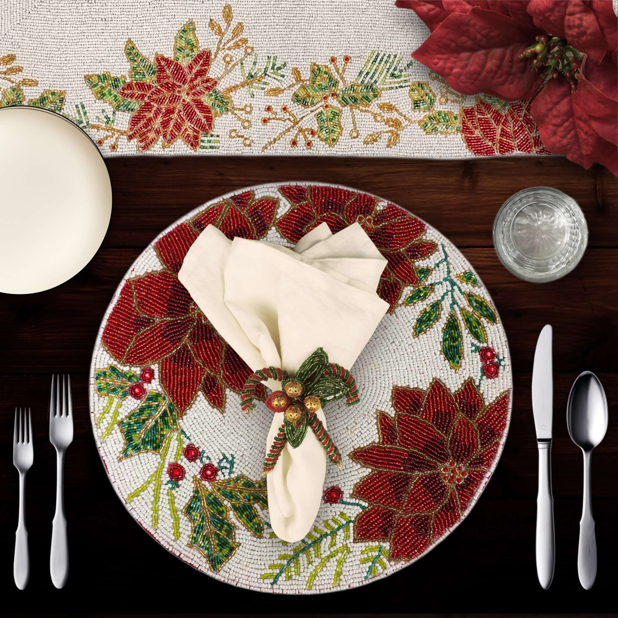 Poinsettia & Holly Bead Table Setting for 4 - Embroidered Holiday Placemats, Napkin Rings & Table Runner in Red & Green