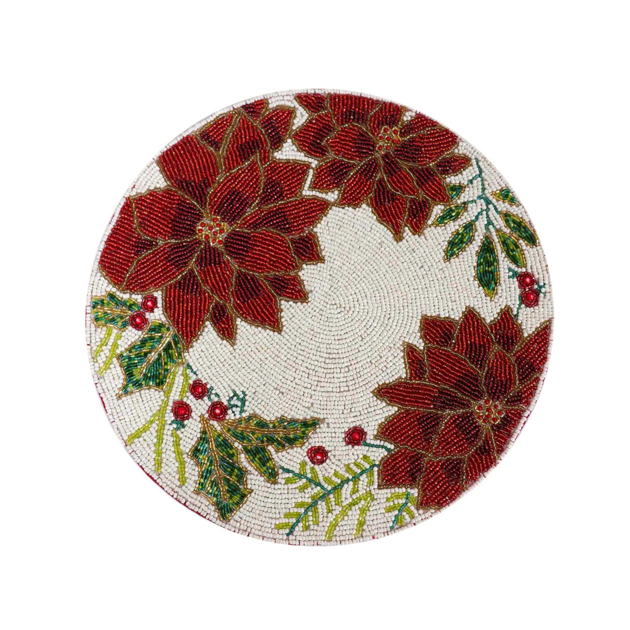 Poinsettia & Holly Bead Embroidered Placemat in Cream, Red & Green, Set of 2