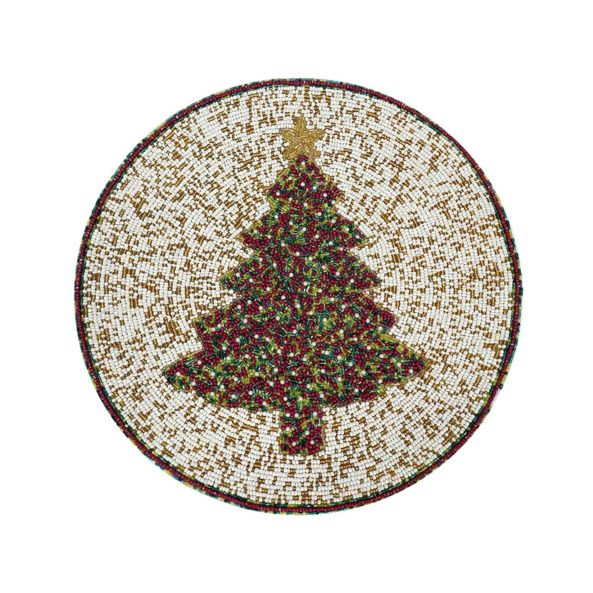 Fir Sure Bead Embroidered Placemat in Cream, Red & Green, Set of 2/4