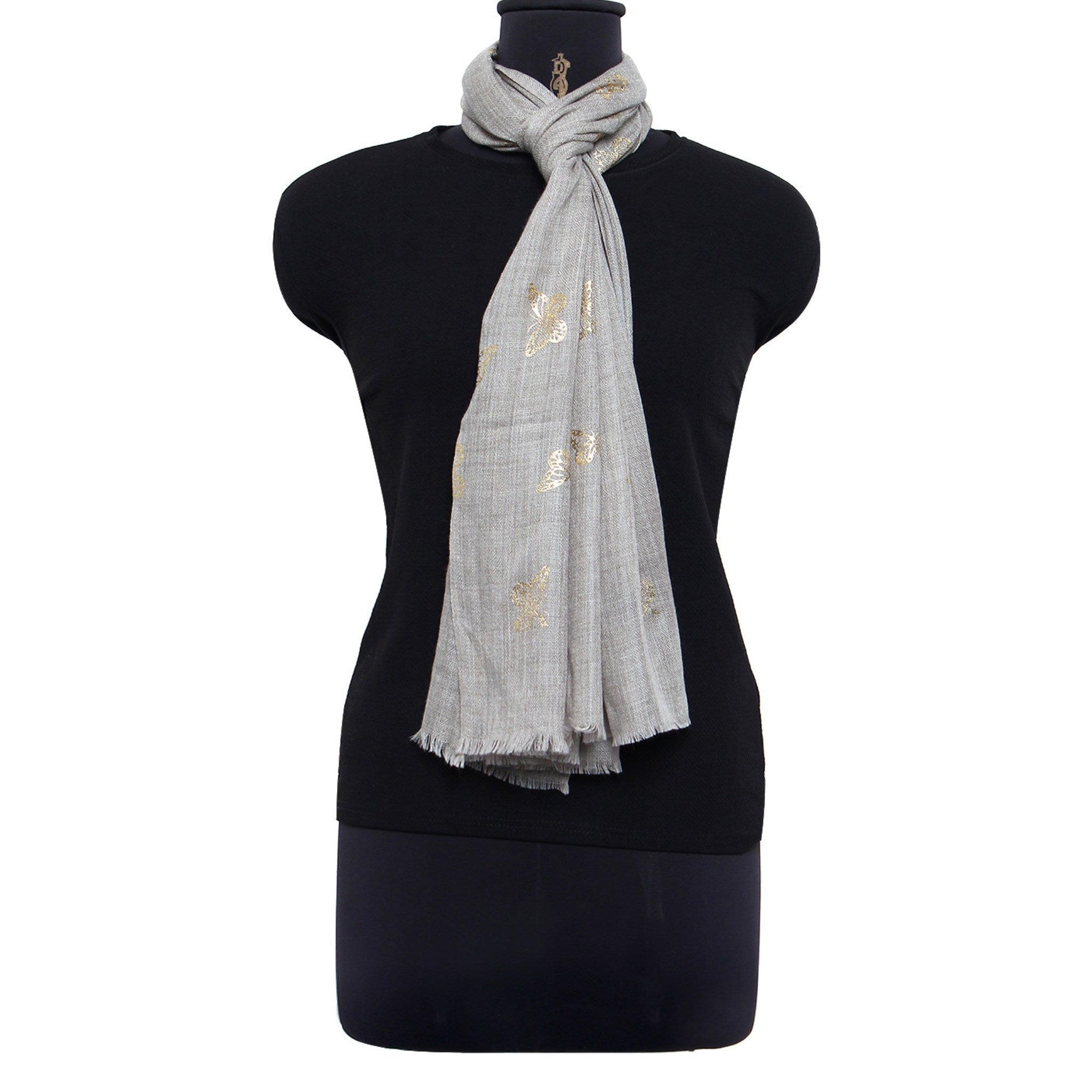 Handmade Cashmere Pashmina Foil Printed Stole Scarf Shawl Wrap in Natural