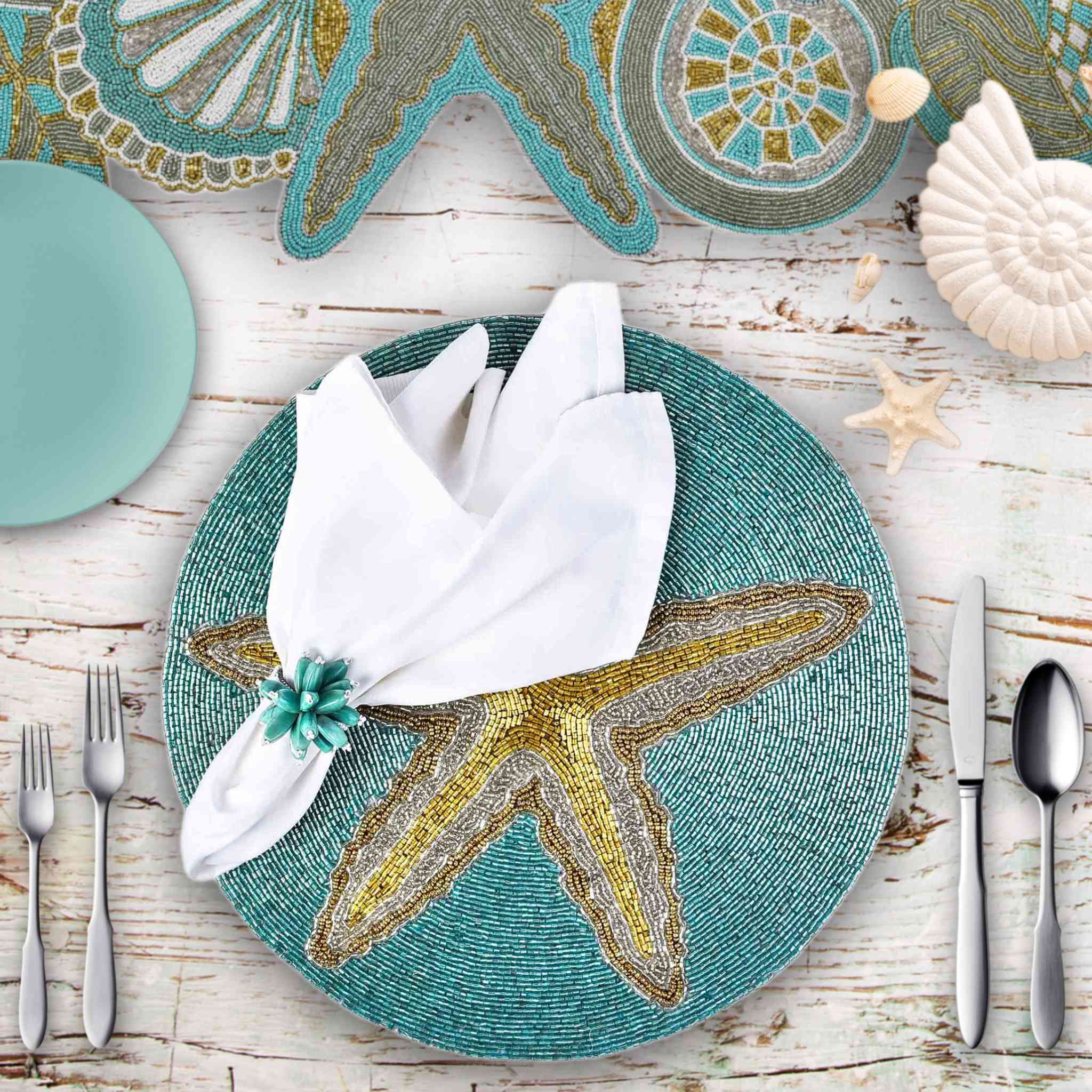 Ringo Star Fish Embroidered Placemat in Teal & Gold, Set of 2/4