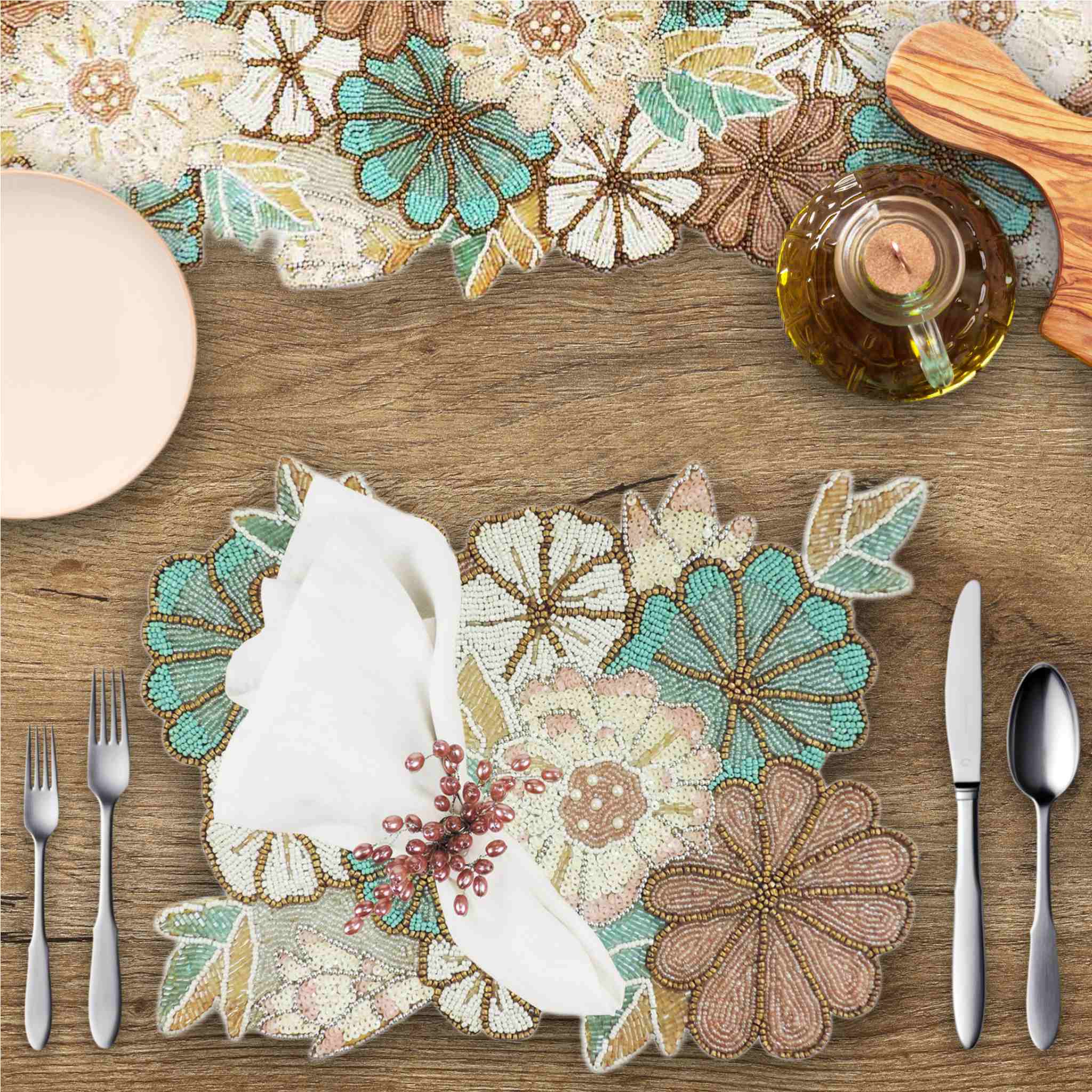 Autumn Blooms Bead Table Setting for 4 - Embroidered Placemats, Napkin Rings & Table Runner in Teal & Grey
