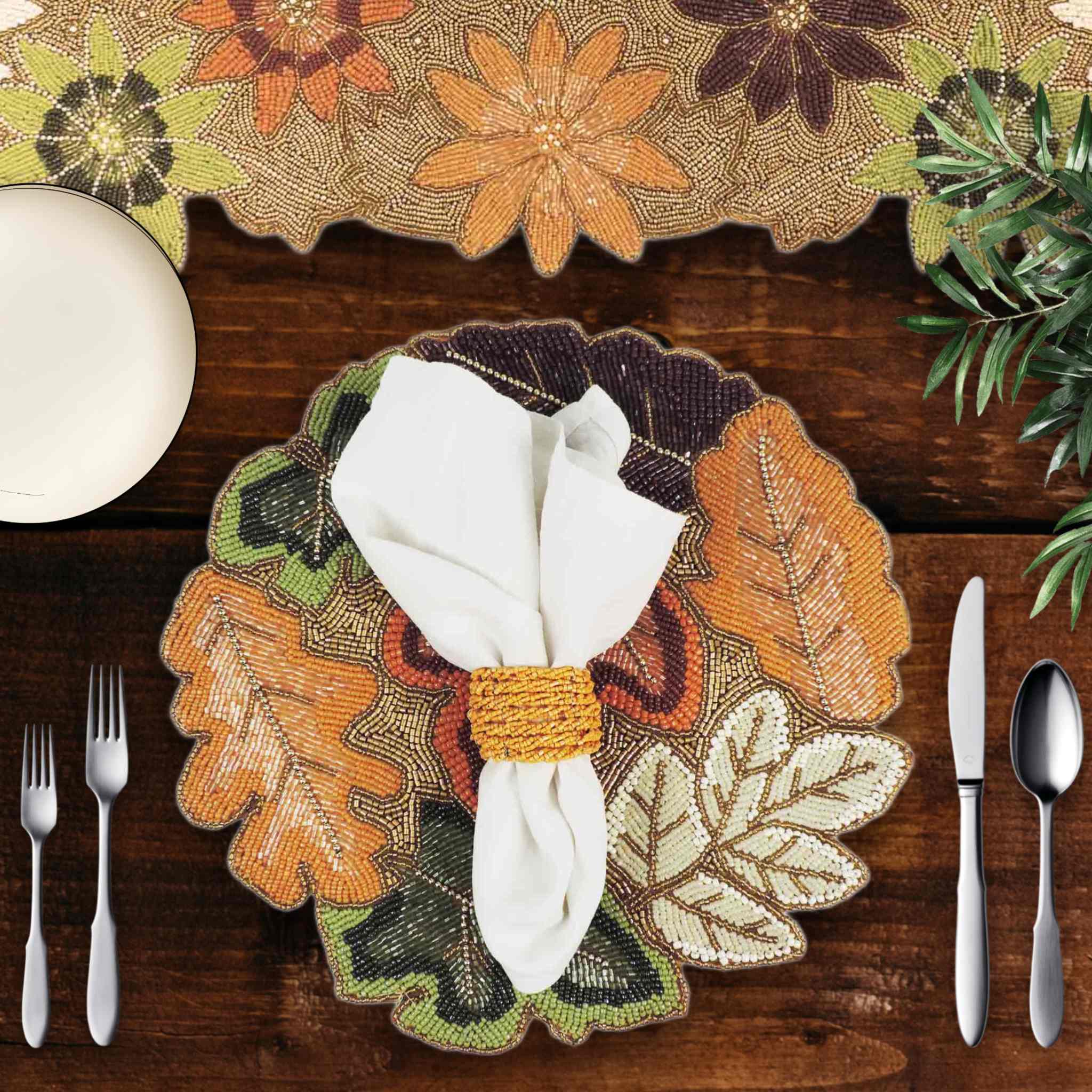 Autumnal Bead Table Setting for 4 - Embroidered Placemats, Napkin Rings & Table Runner in Orange & Green