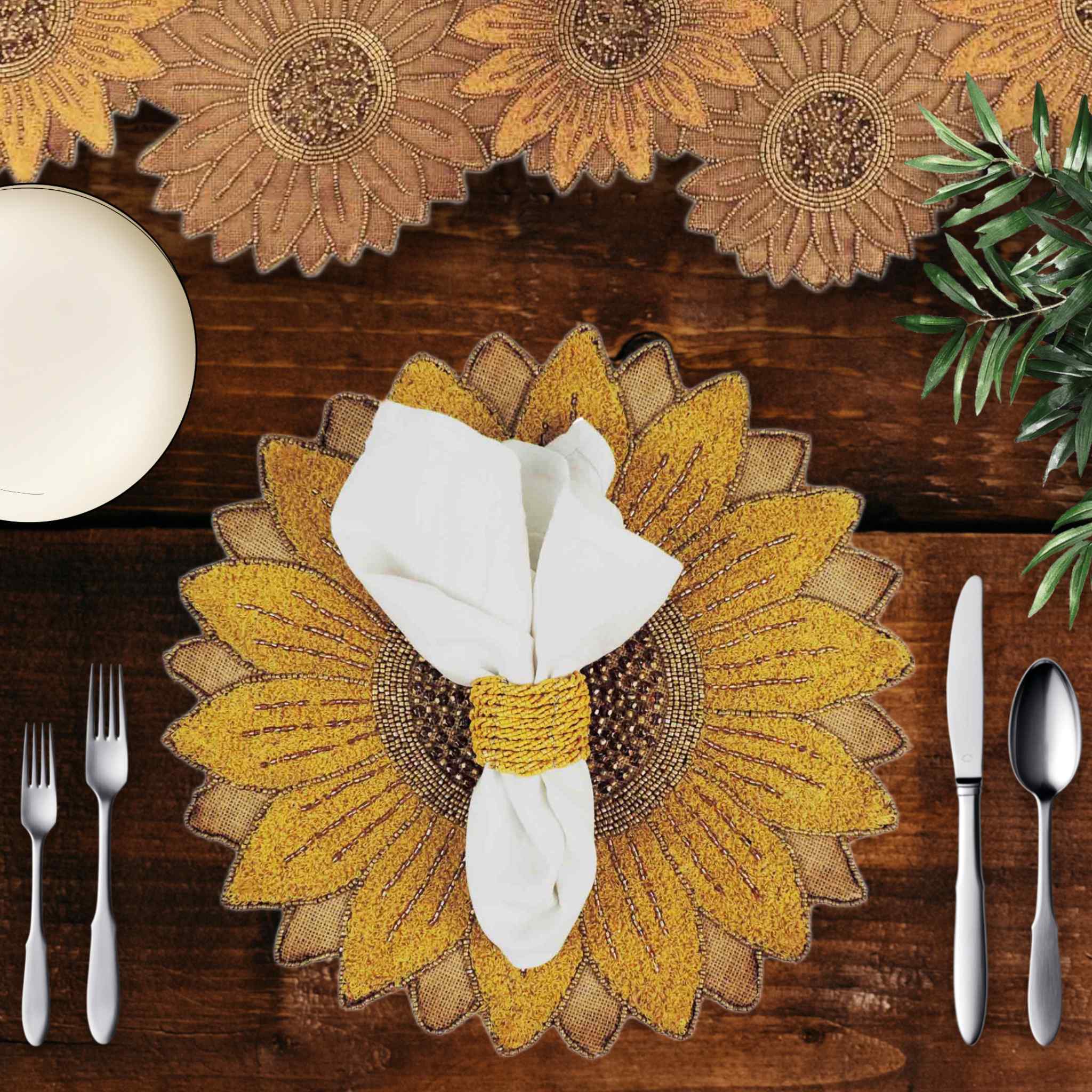 Sunflower Bead Table Setting for 4 - Embroidered Placemats, Napkin Rings & Table Runner in Natural & Gold
