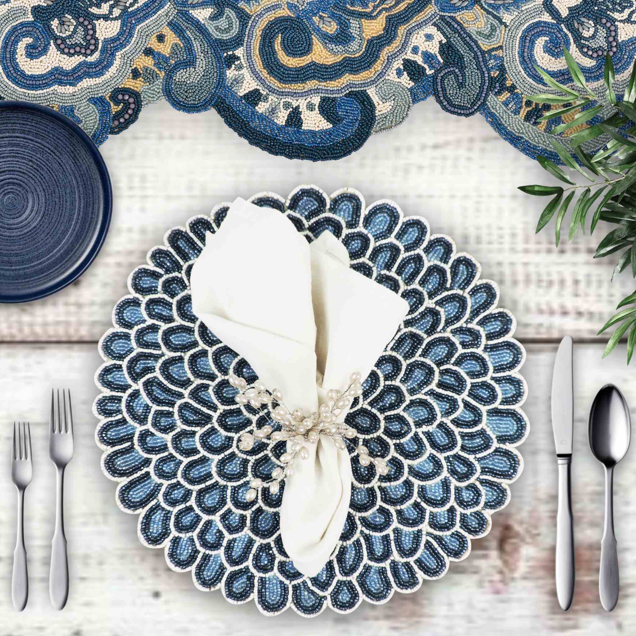 Dahlia Bead Table Setting for 4 - Embroidered Placemats, Napkin Rings & Table Runner in Blue