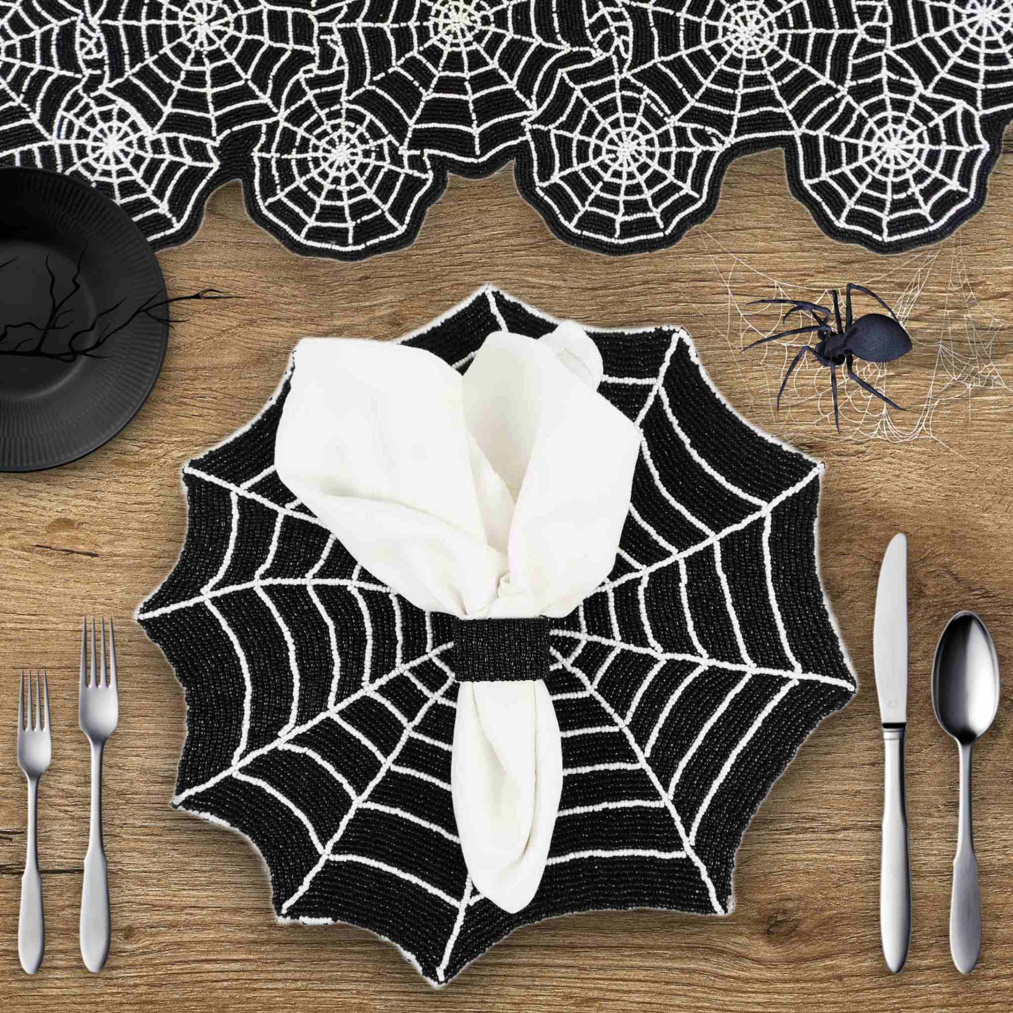 Halloween Spiderweb Glass Bead Embroidered Table Runner in Black & Silver