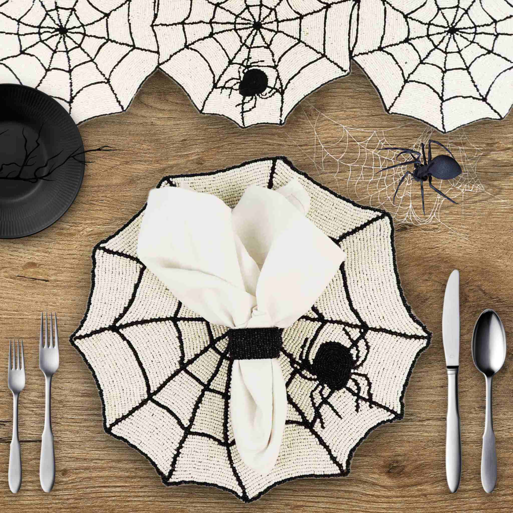 Spiderweb Bead Table Setting for 4  - Embroidered Placemats, Napkin Rings & Table Runner in Cream & Black