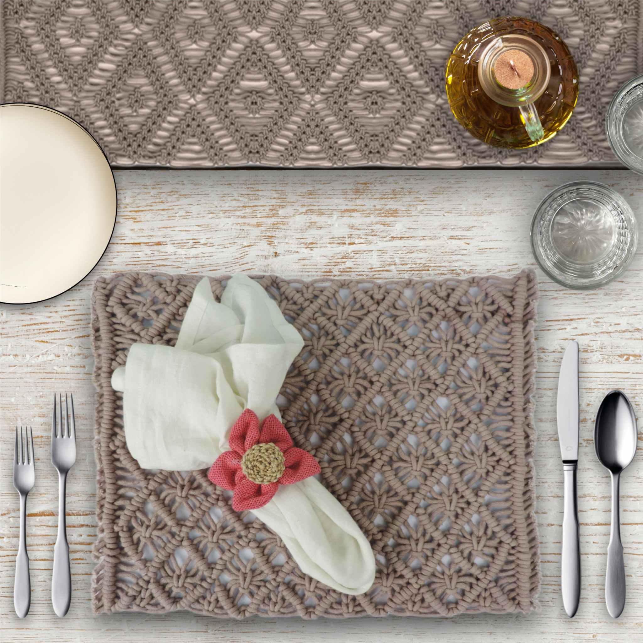 Beige Macrame Table Setting for 4 - Placemats, Napkin Rings & Table Runner