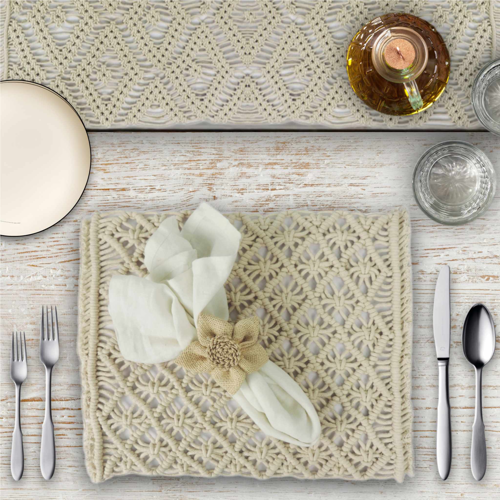 Macramé Table Setting for 4 - Placemats, Napkin Rings & Table Runner in White