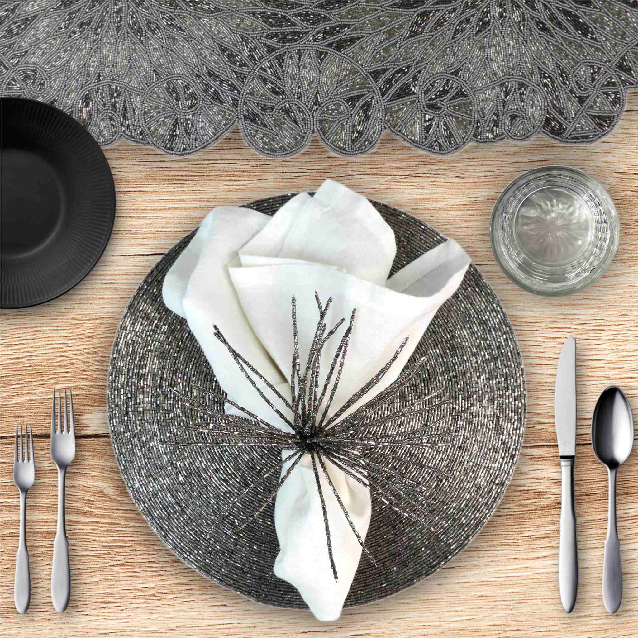 Glass Bead Table Setting for 4 - Placemats, Napkin Rings & Table Runner in Smoke
